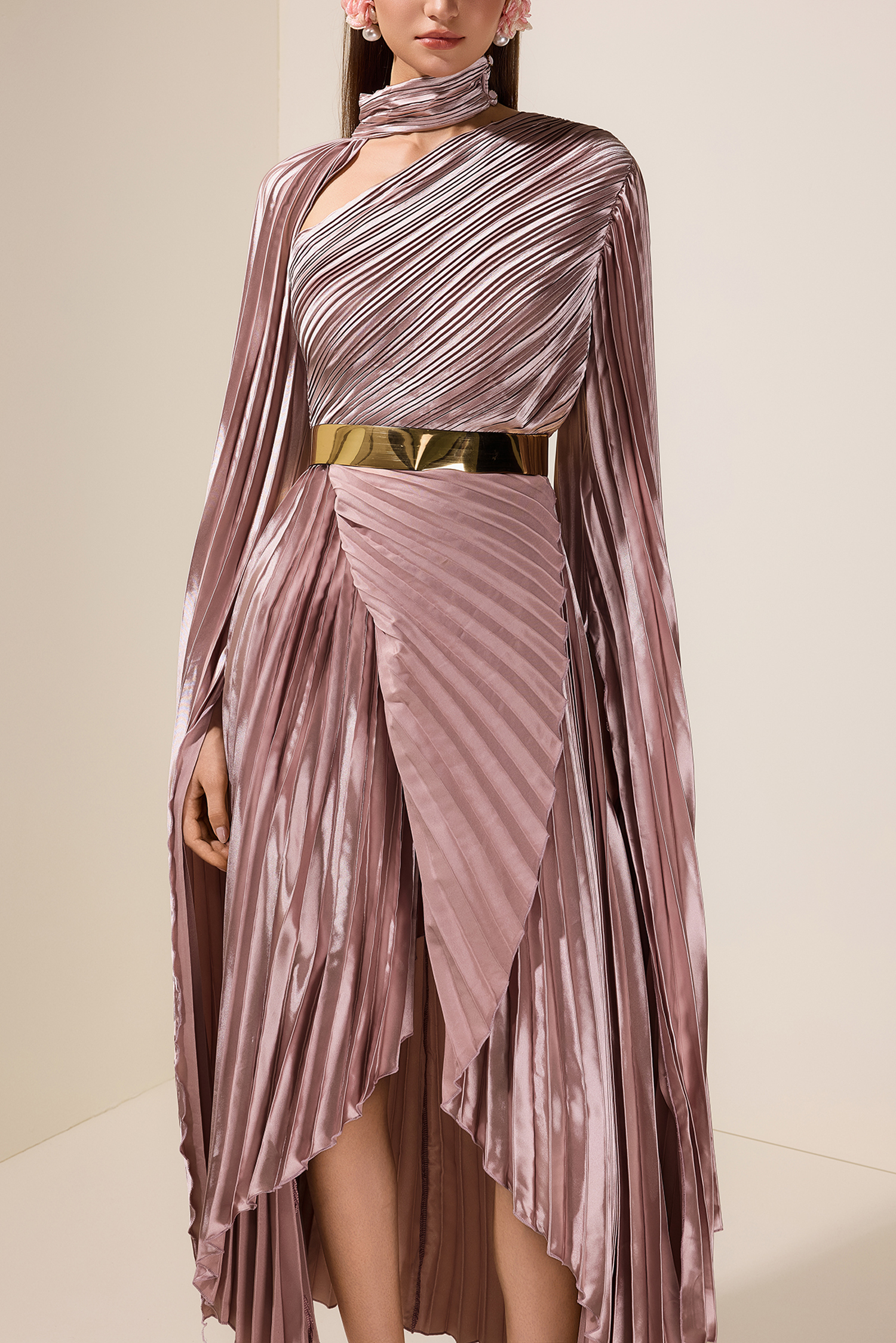 Pleated Cape Sleeve Midi Dress With Belt