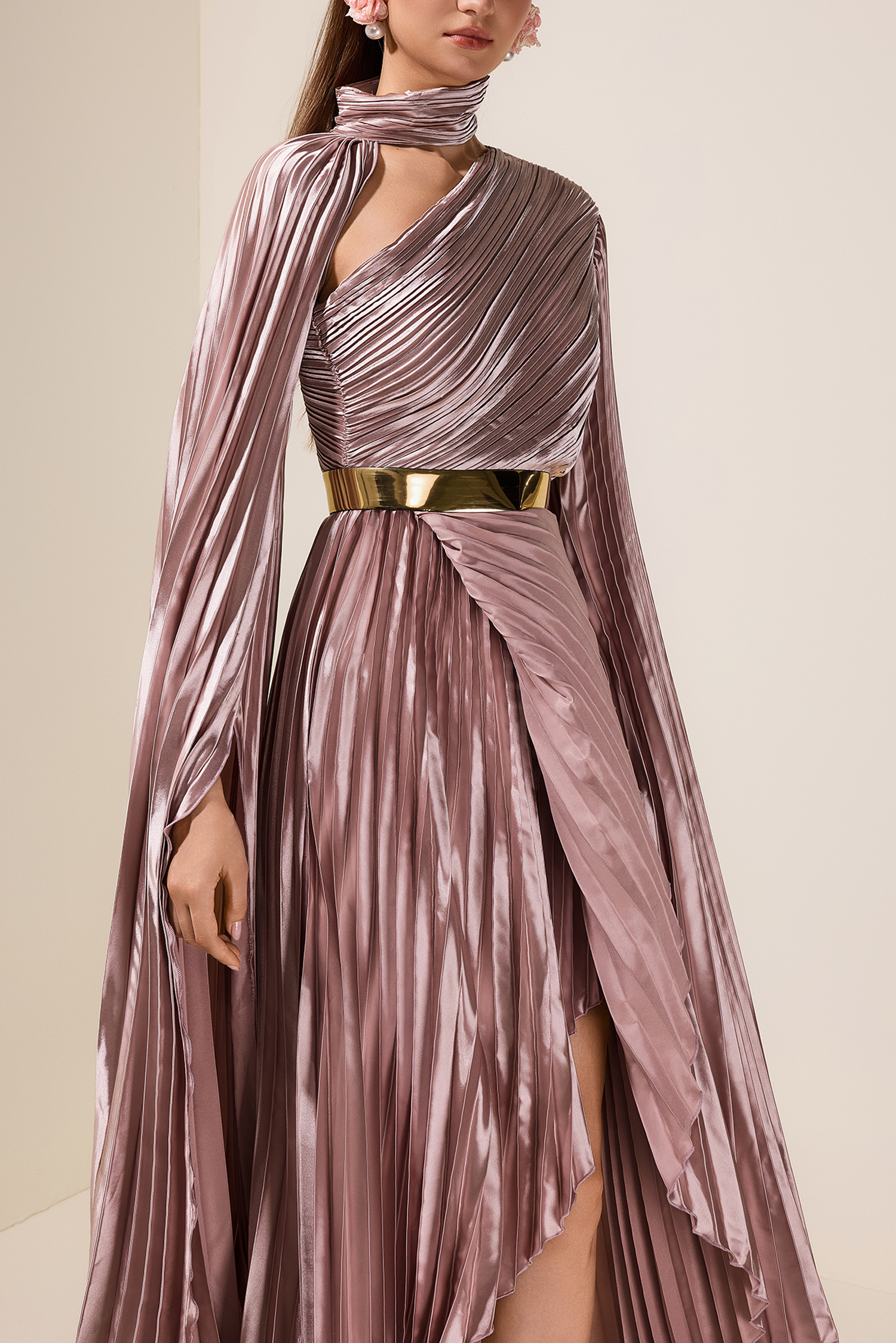 Pleated Cape Sleeve Midi Dress With Belt