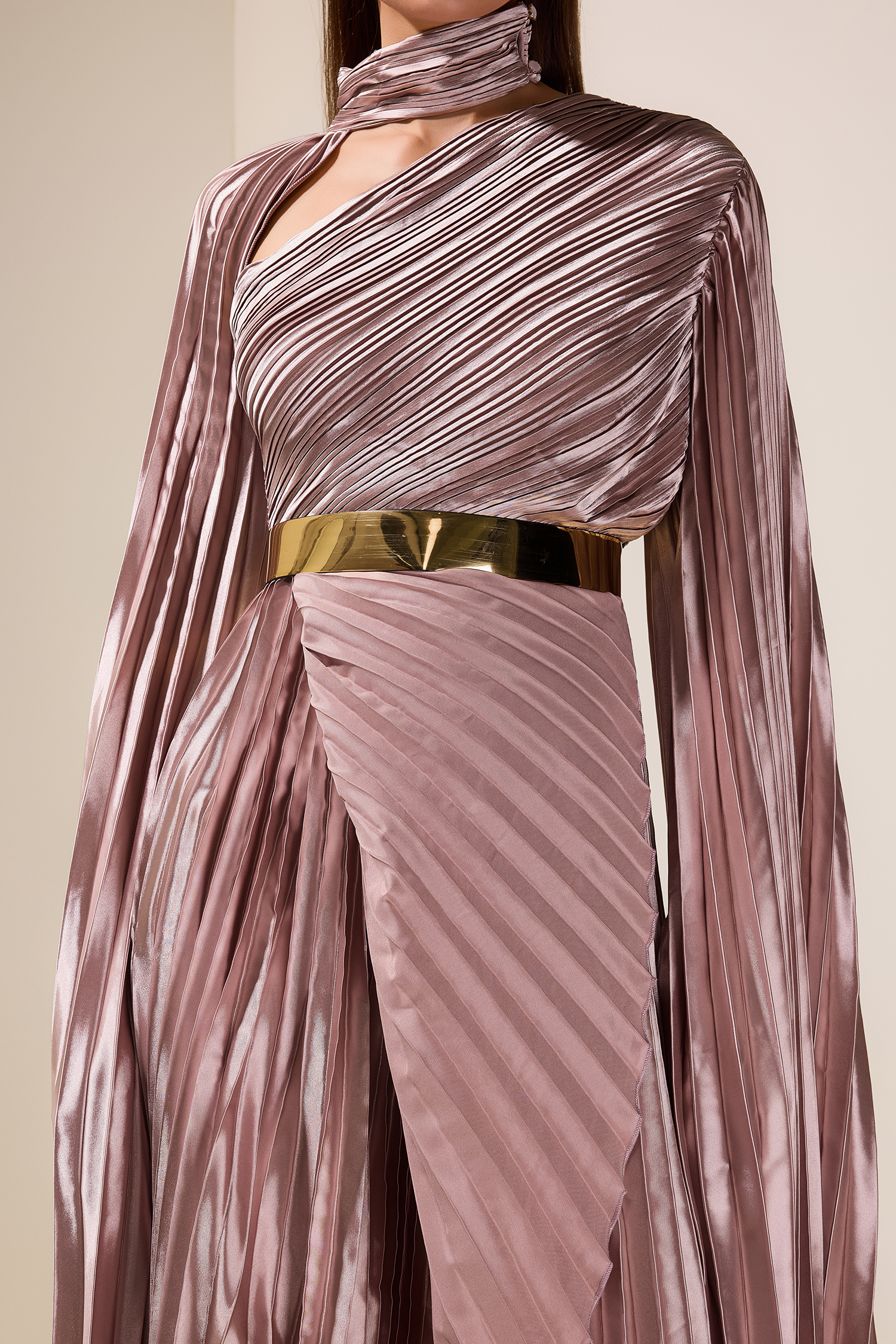 Pleated Cape Sleeve Midi Dress With Belt