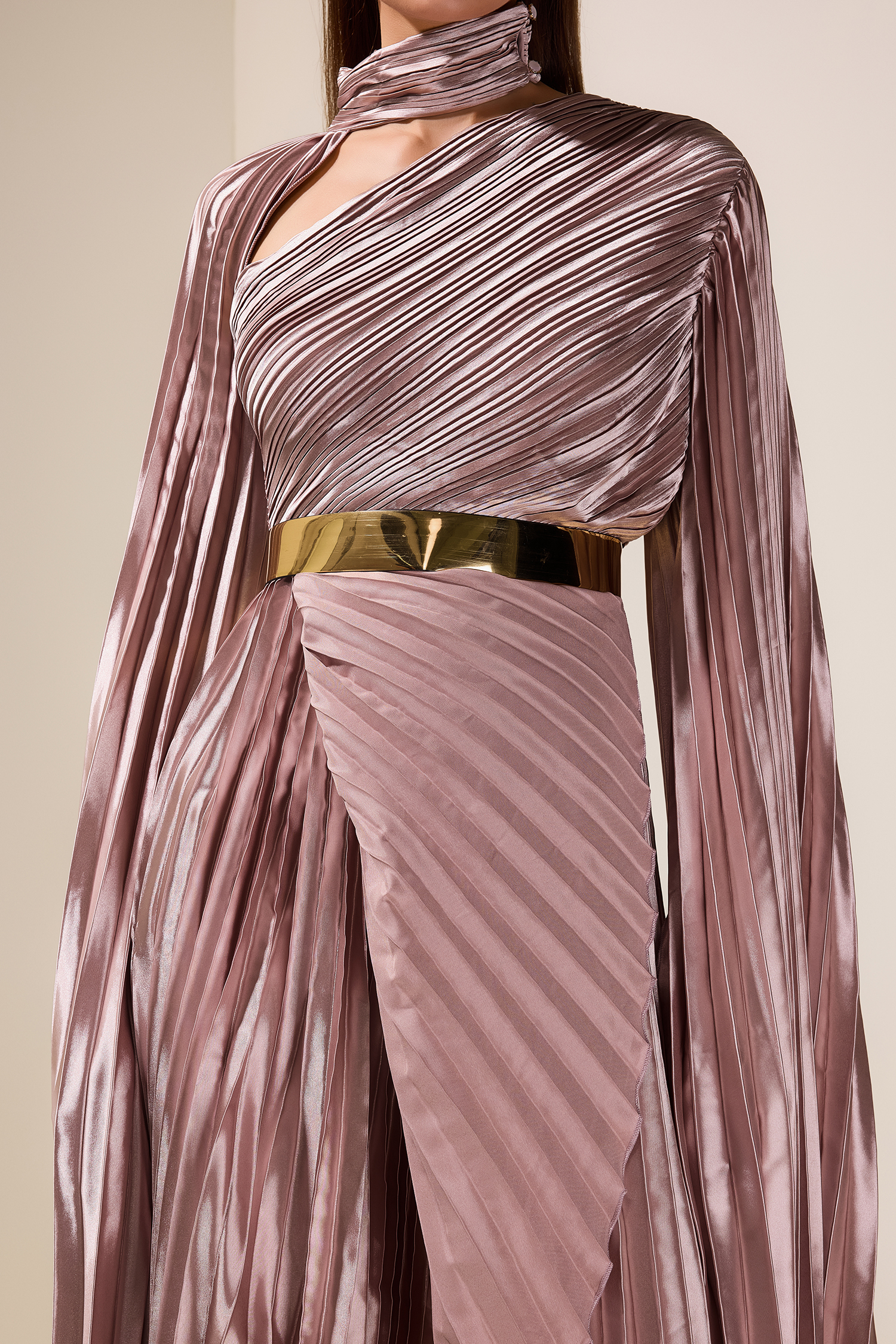 Pleated Cape Sleeve Midi Dress With Belt