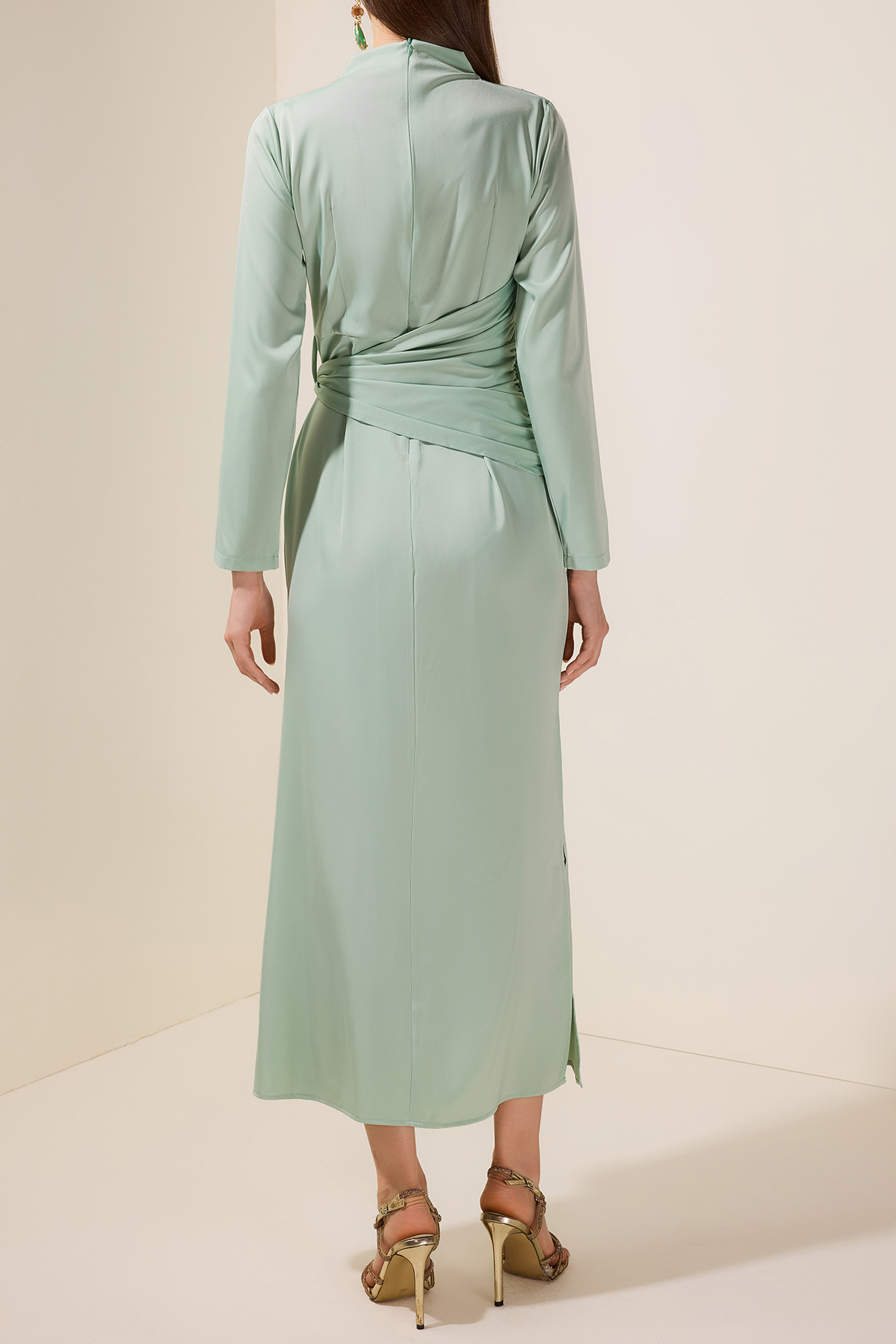 Satin Long Sleeve Tie-Up Maxi Dress