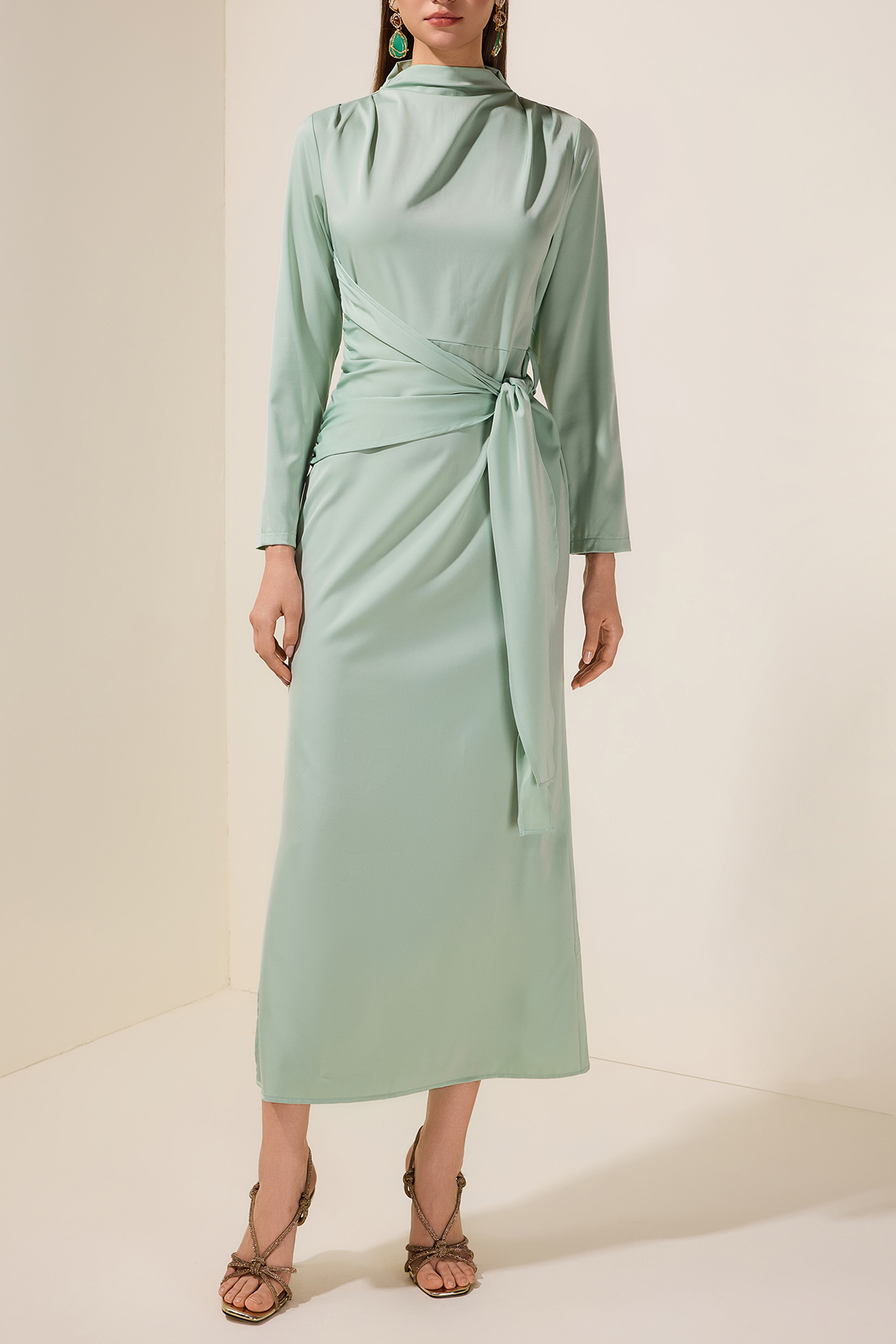 Satin Long Sleeve Tie-Up Maxi Dress