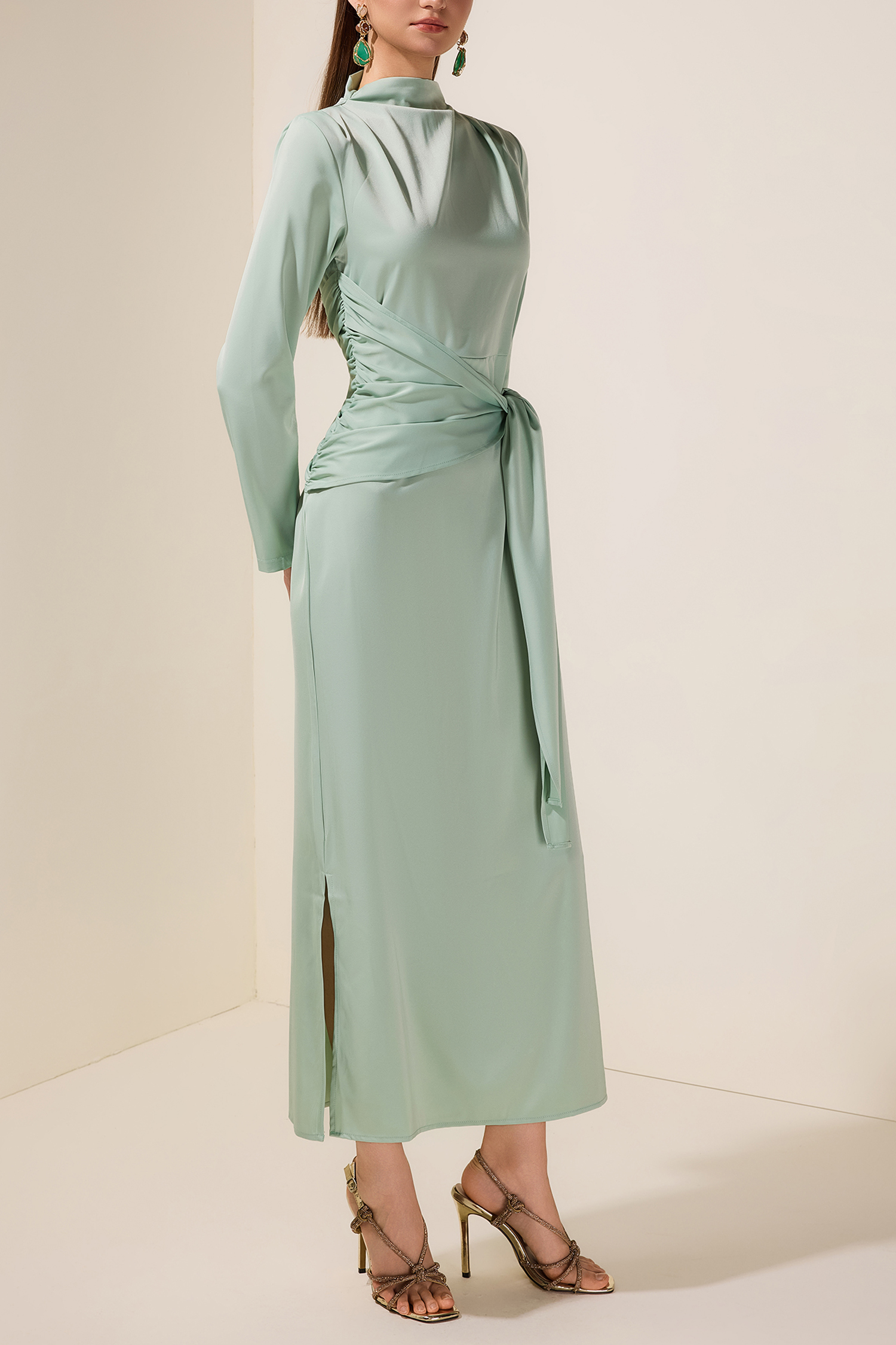 Satin Long Sleeve Tie-Up Maxi Dress