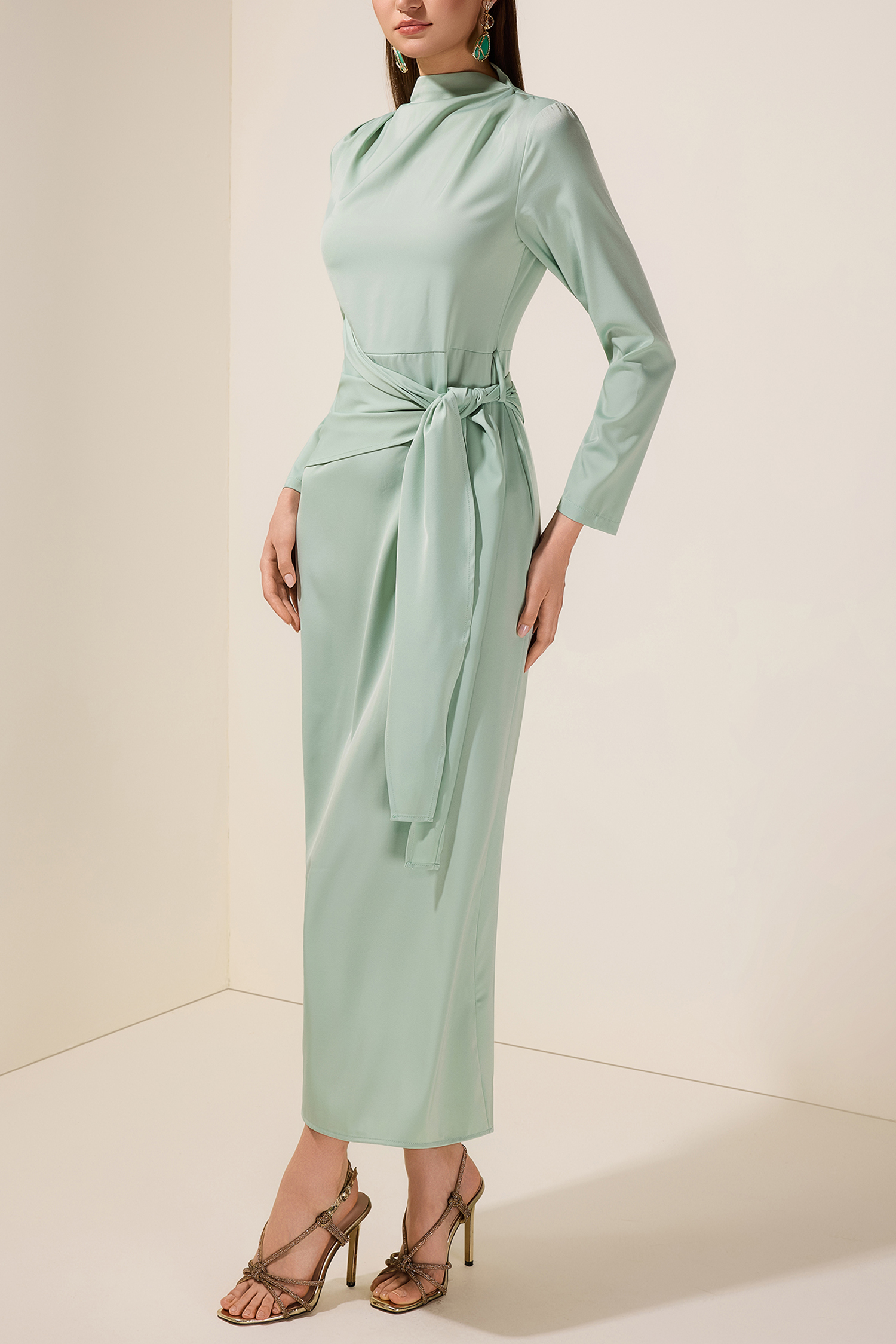 Satin Long Sleeve Tie-Up Maxi Dress