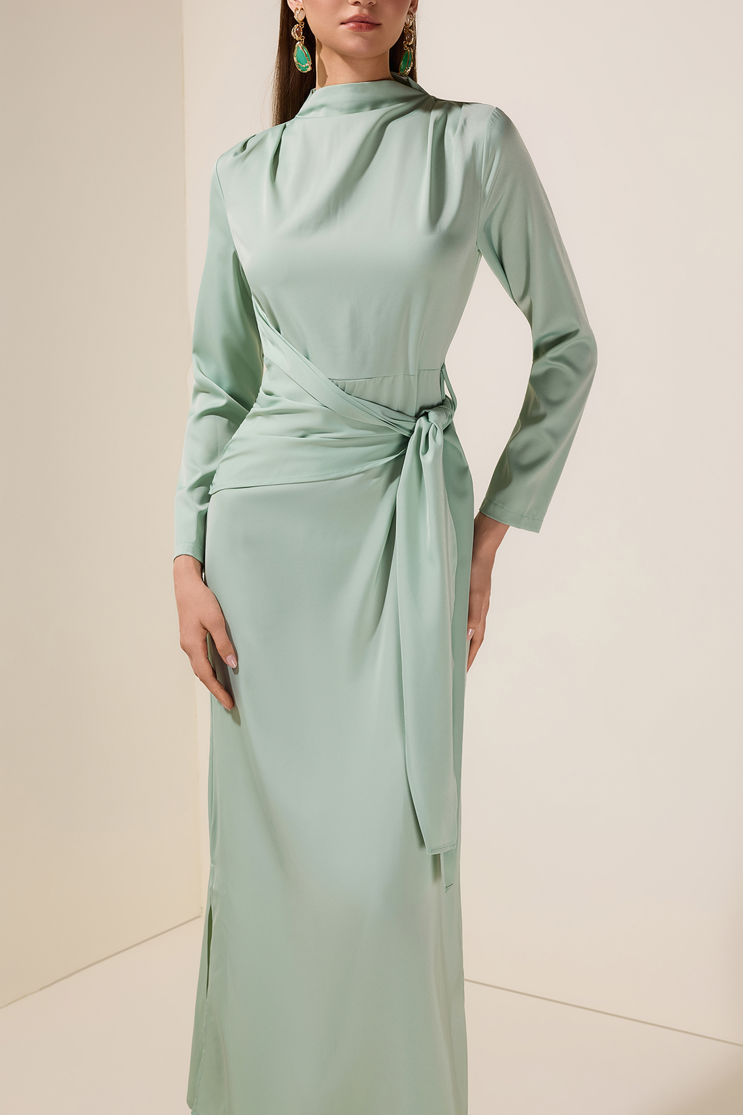 Satin Long Sleeve Tie-Up Maxi Dress