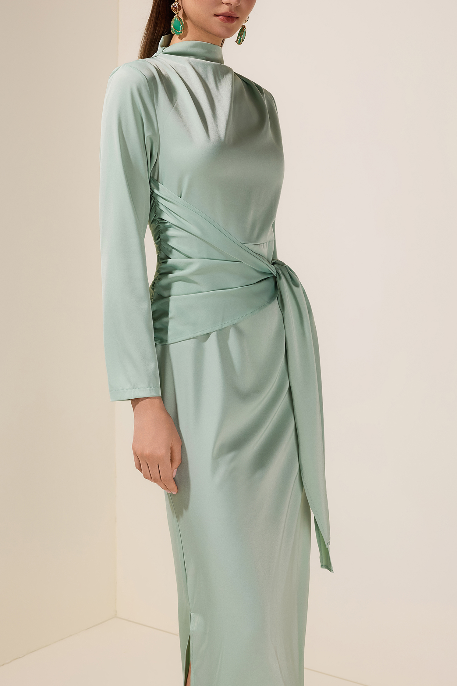 Satin Long Sleeve Tie-Up Maxi Dress