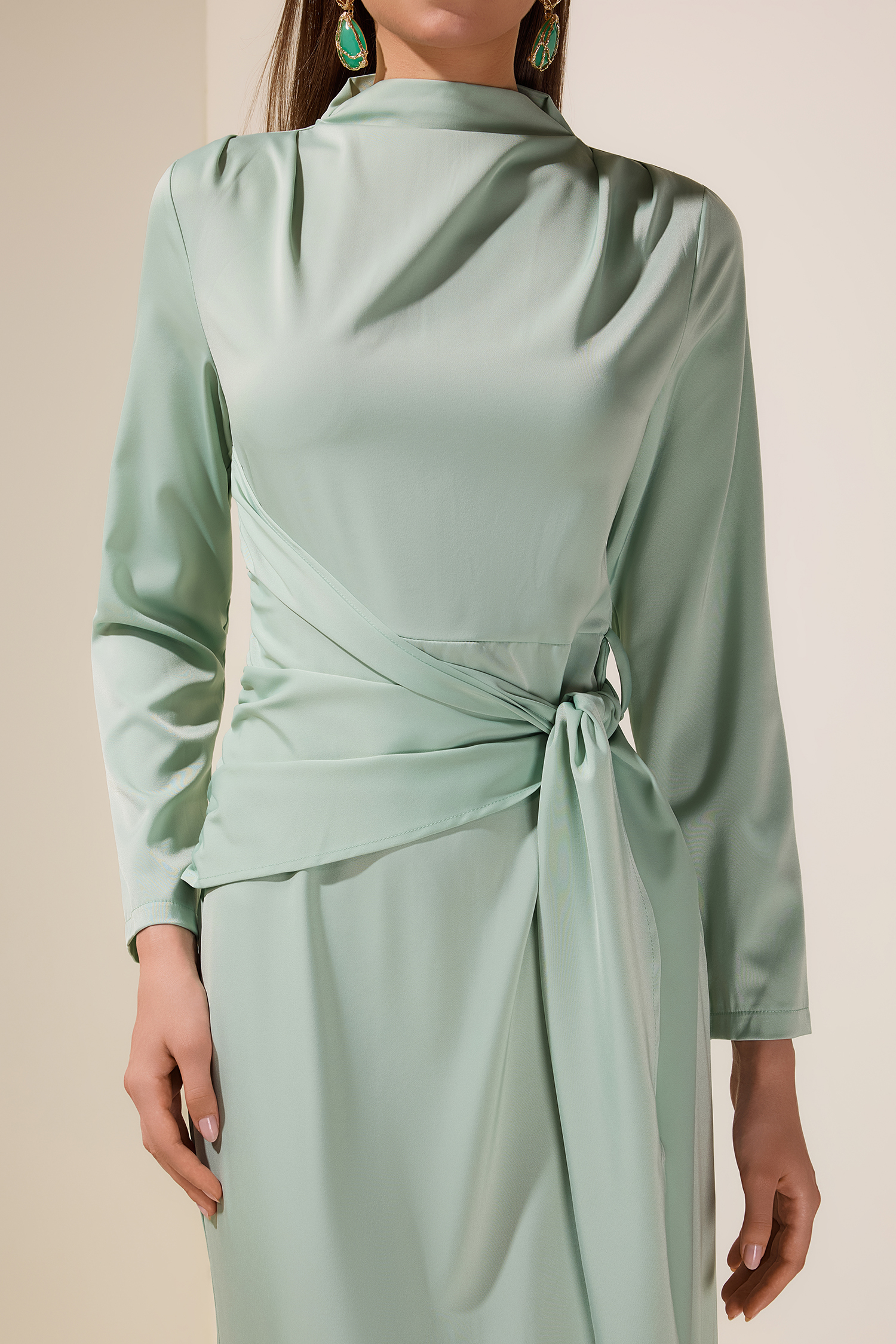 Satin Long Sleeve Tie-Up Maxi Dress