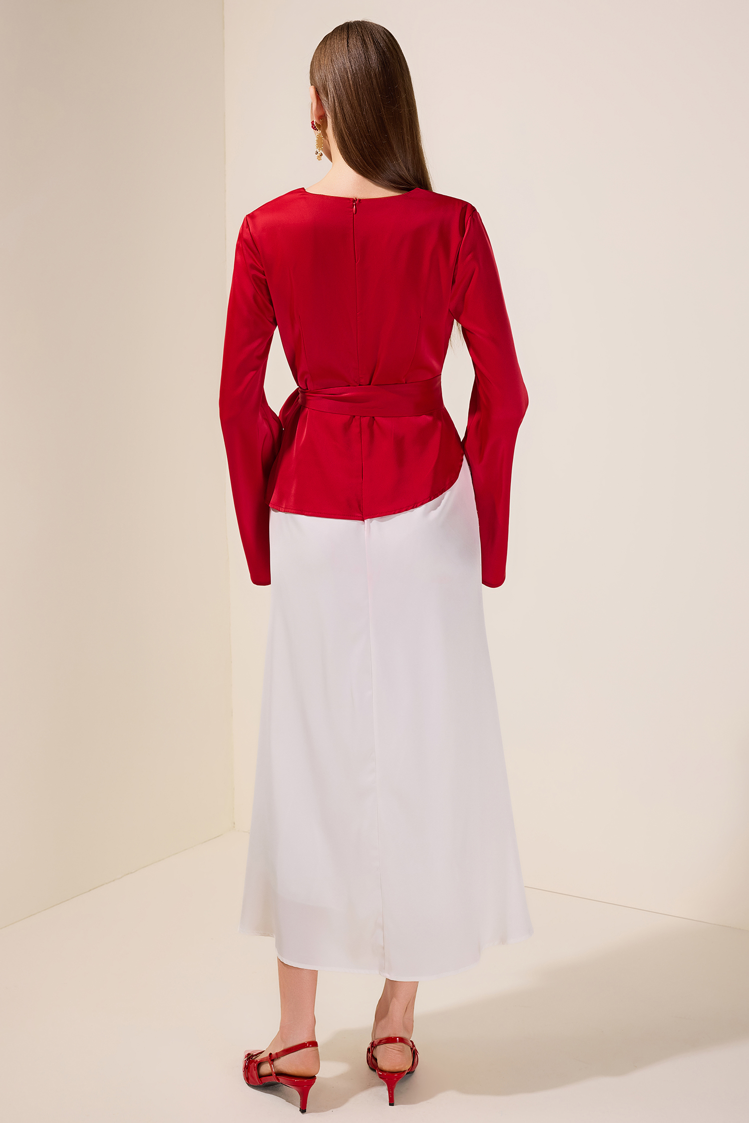 Satin Contrast Color Bell Sleeve Wrap Dress