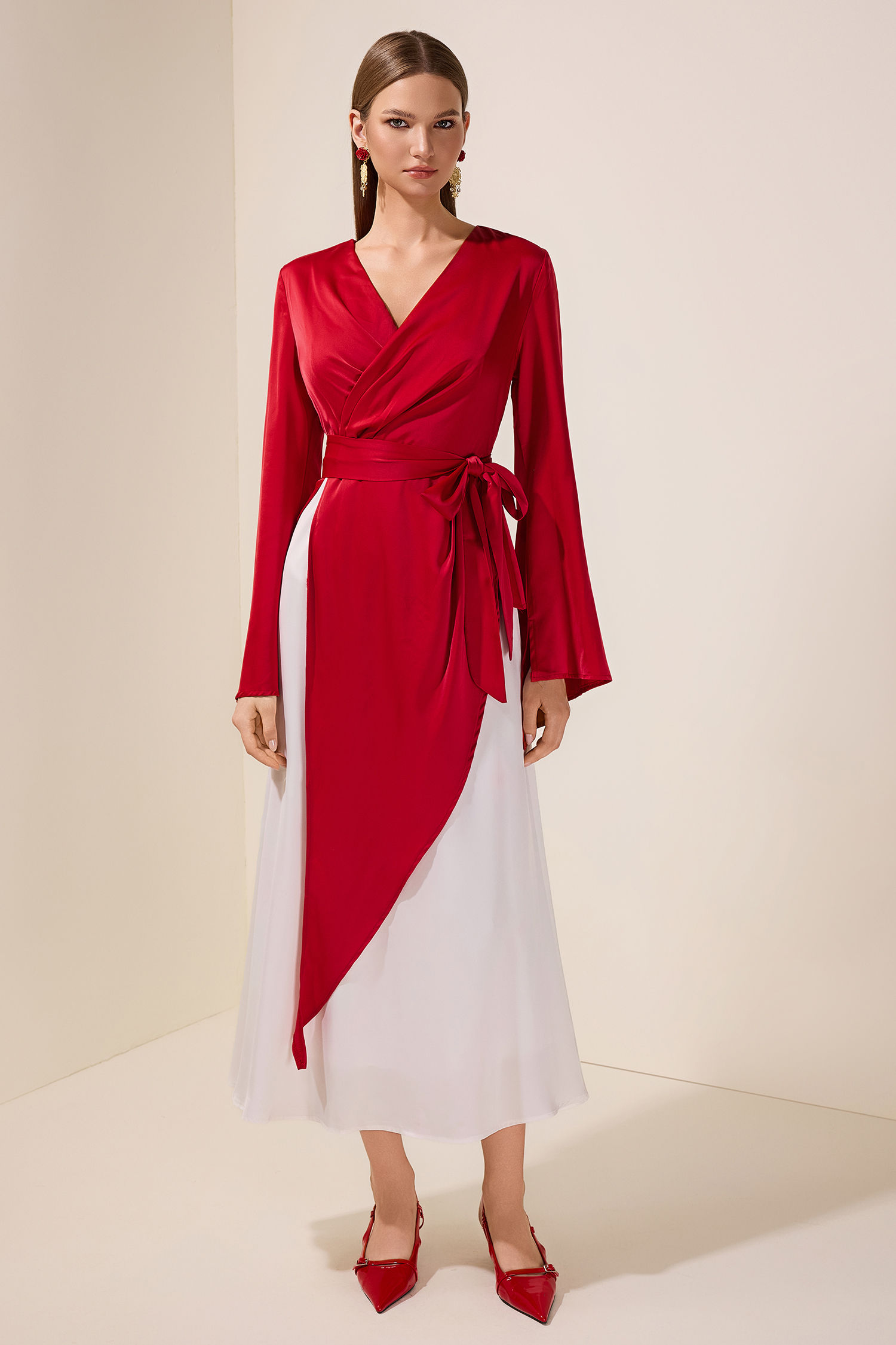 Satin Contrast Color Bell Sleeve Wrap Dress