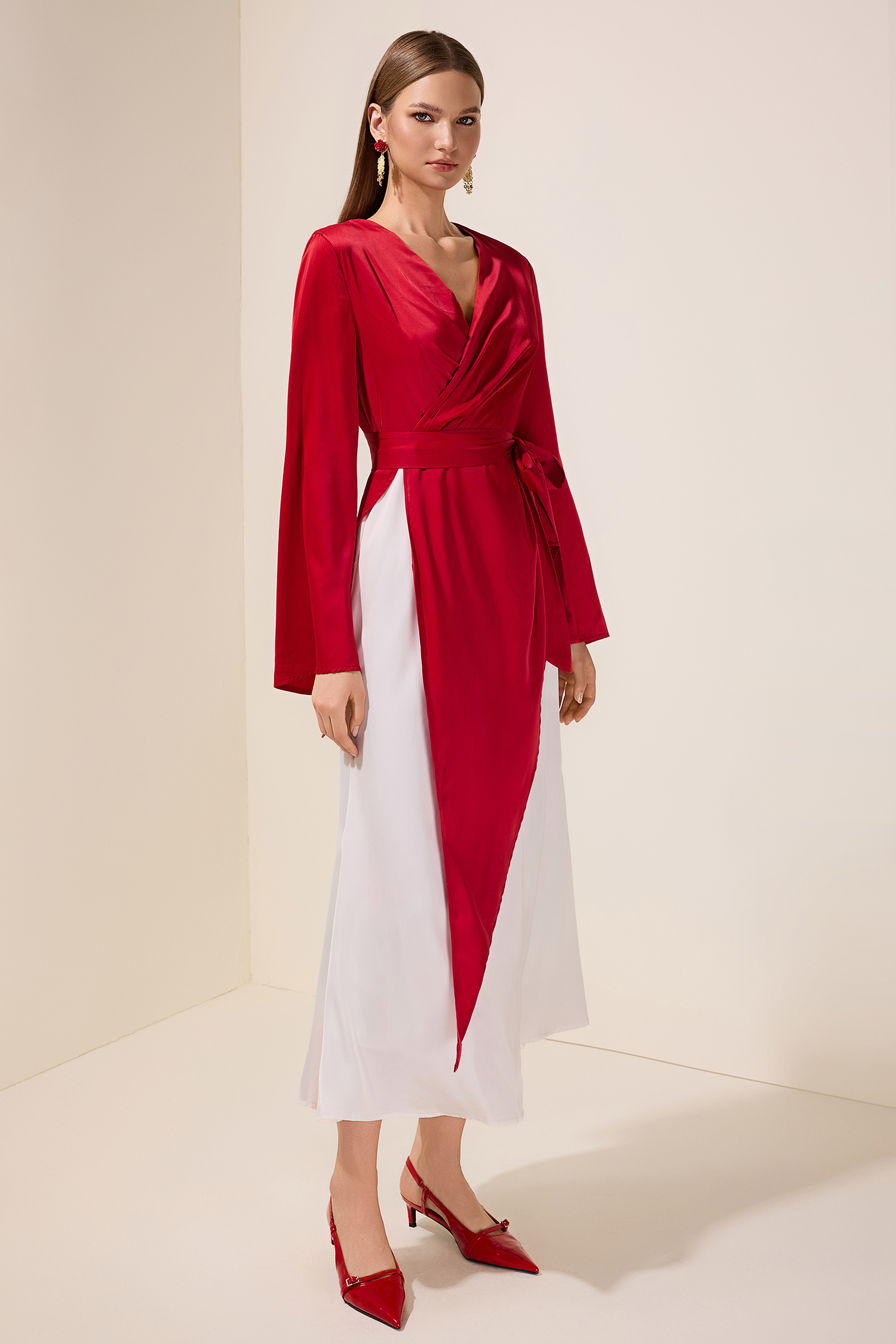 Satin Contrast Color Bell Sleeve Wrap Dress