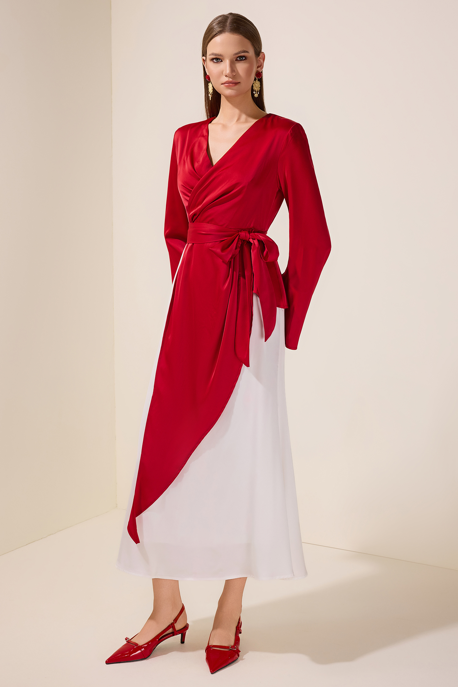 Satin Contrast Color Bell Sleeve Wrap Dress
