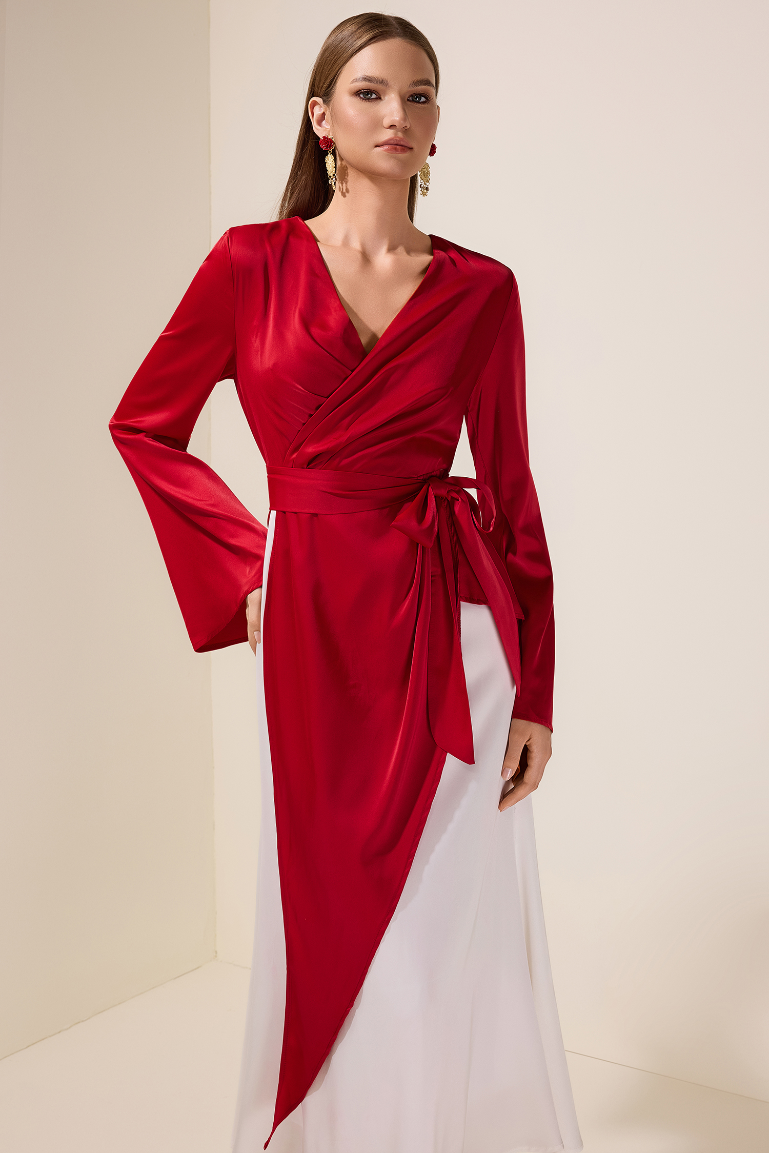 Satin Contrast Color Bell Sleeve Wrap Dress
