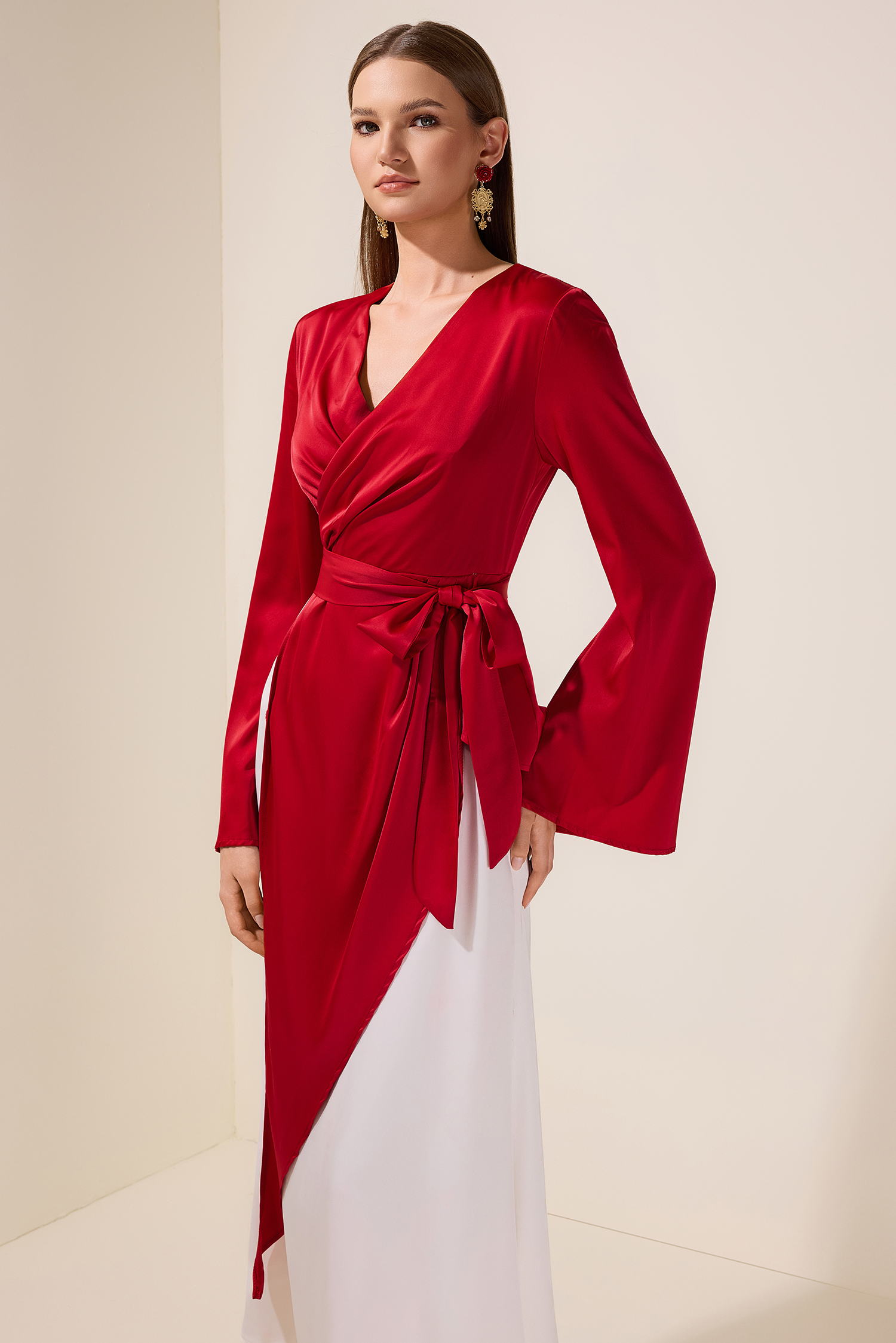Satin Contrast Color Bell Sleeve Wrap Dress