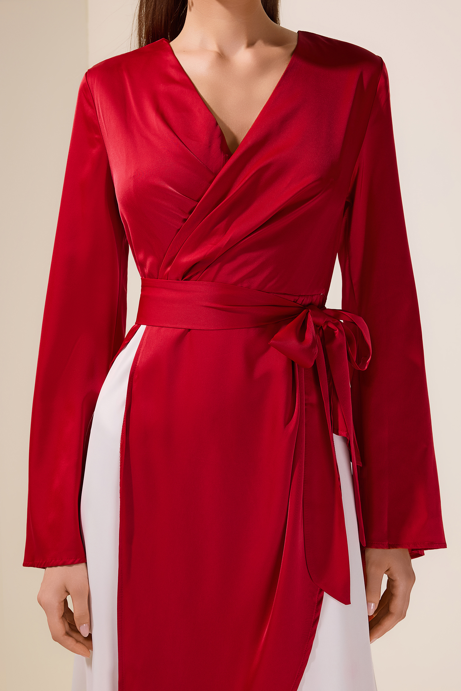 Satin Contrast Color Bell Sleeve Wrap Dress