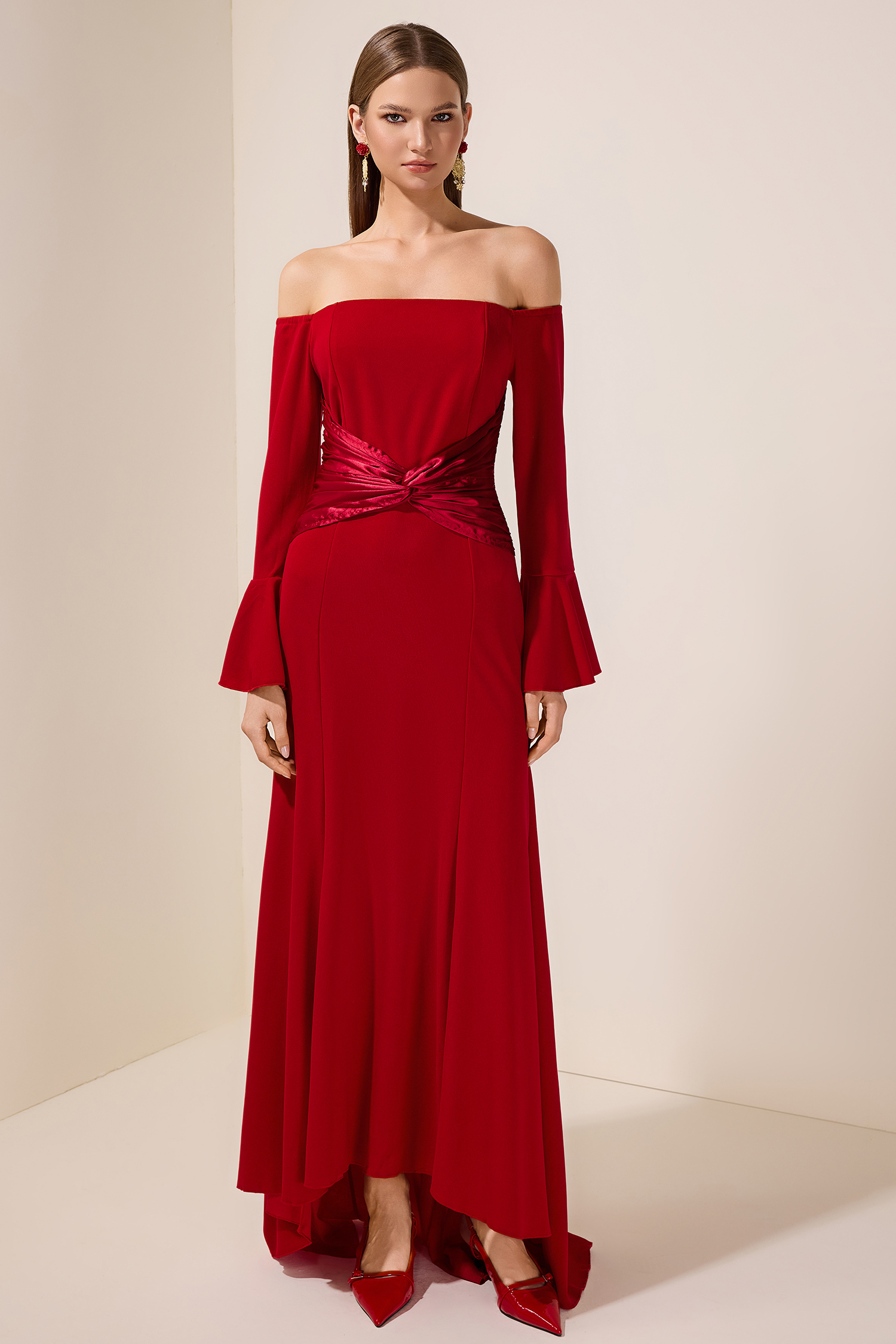 Satin Splicing Knotted Off-Shoulder Maxi Dress