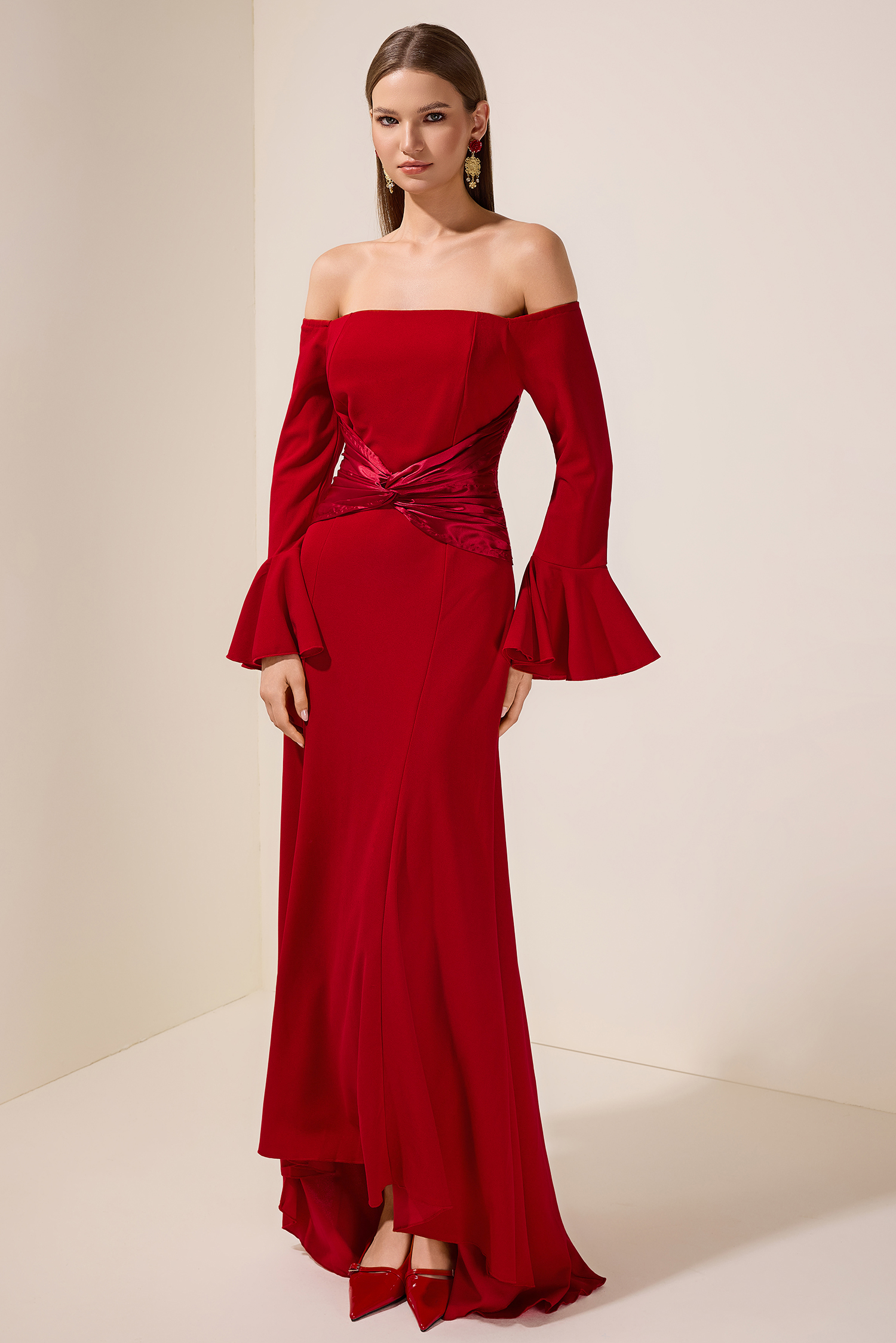 Satin Splicing Knotted Off-Shoulder Maxi Dress