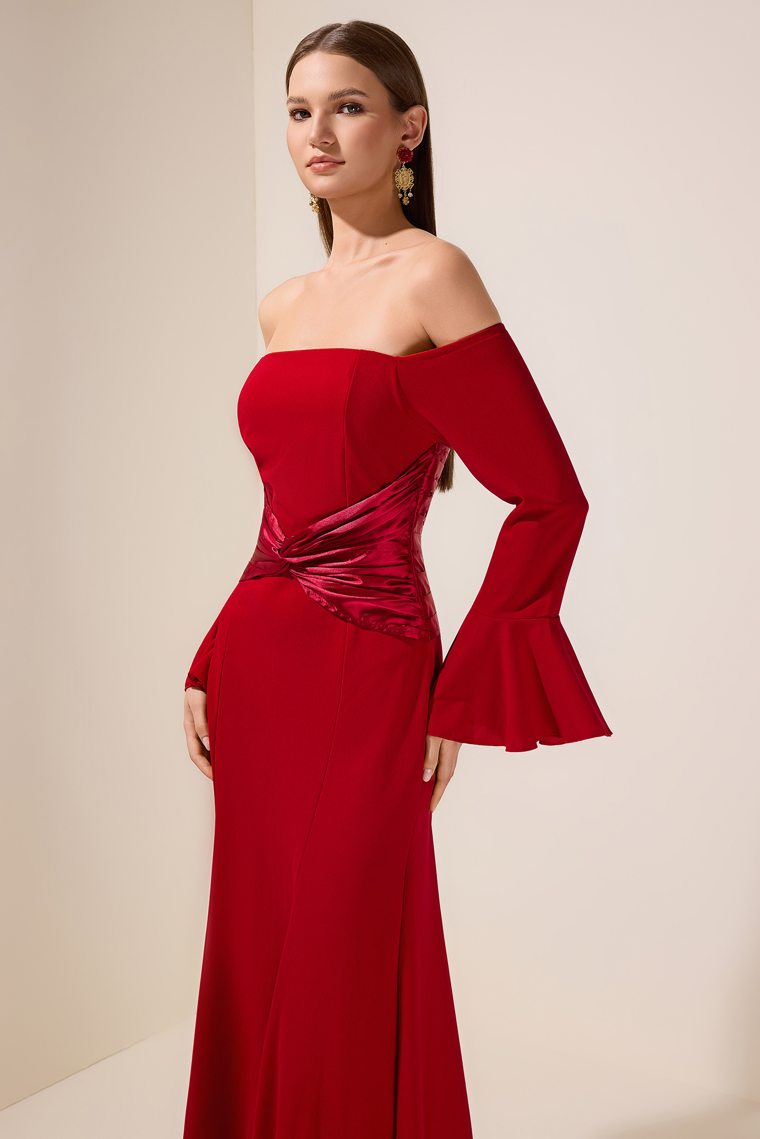 Satin Splicing Knotted Off-Shoulder Maxi Dress