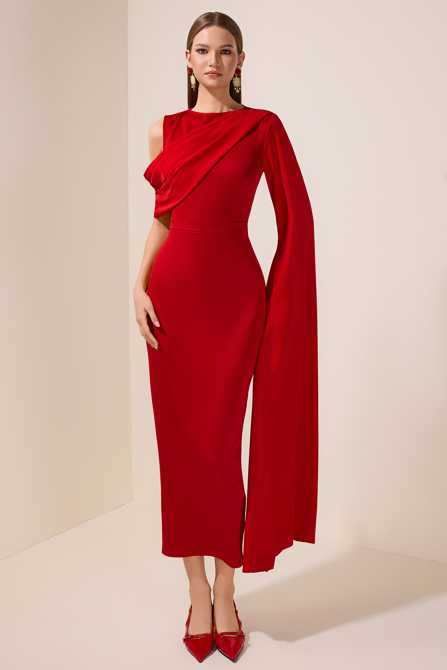 Solid Cape Sleeve Round Neck Midi Dress