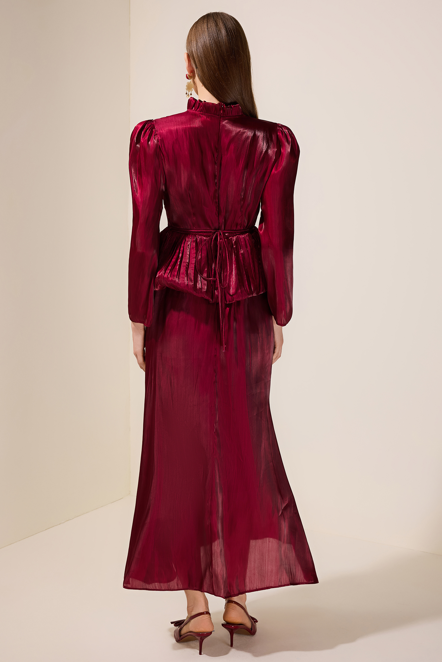 Satin Ruffle Long Sleeve Maxi Dress