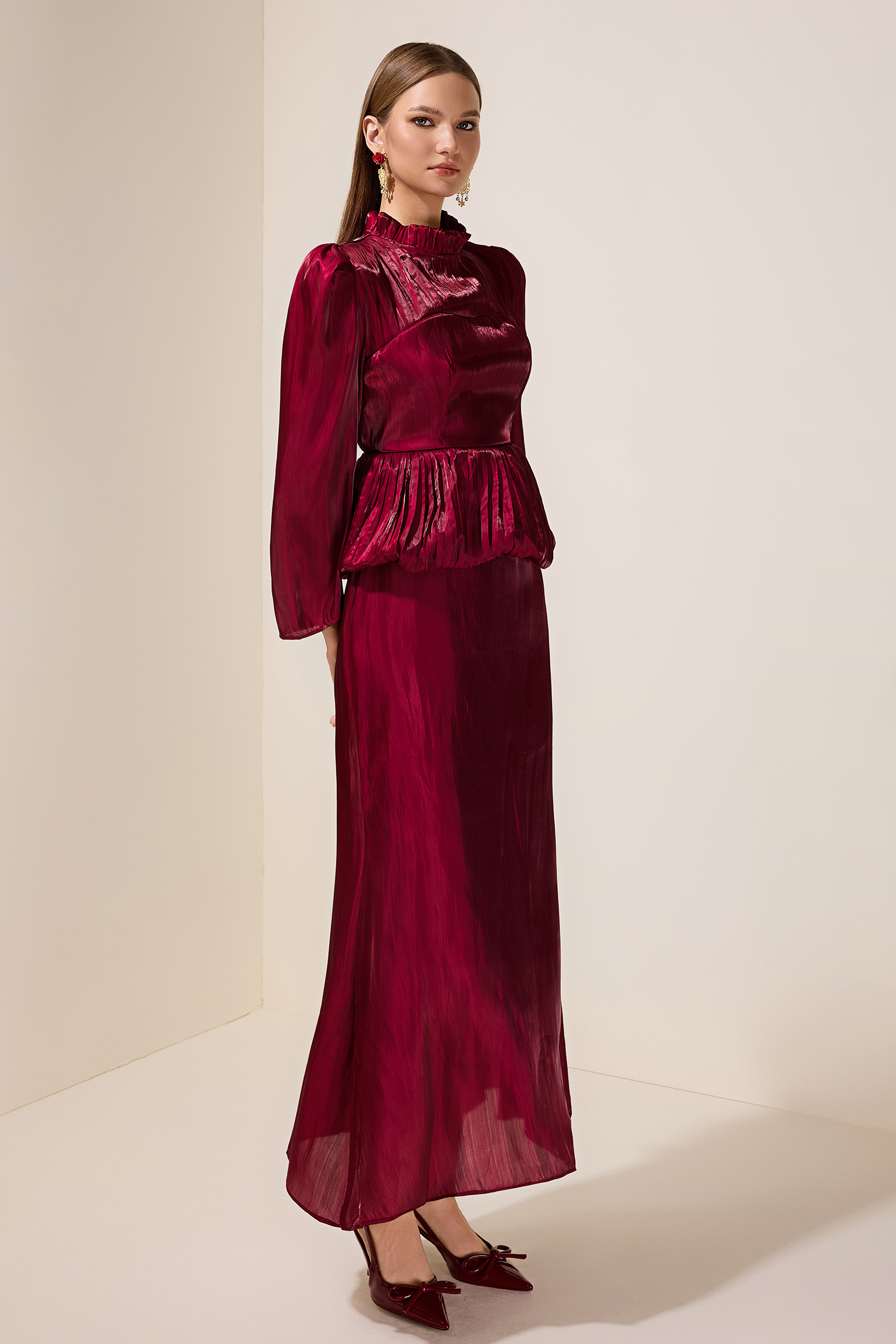 Satin Ruffle Long Sleeve Maxi Dress