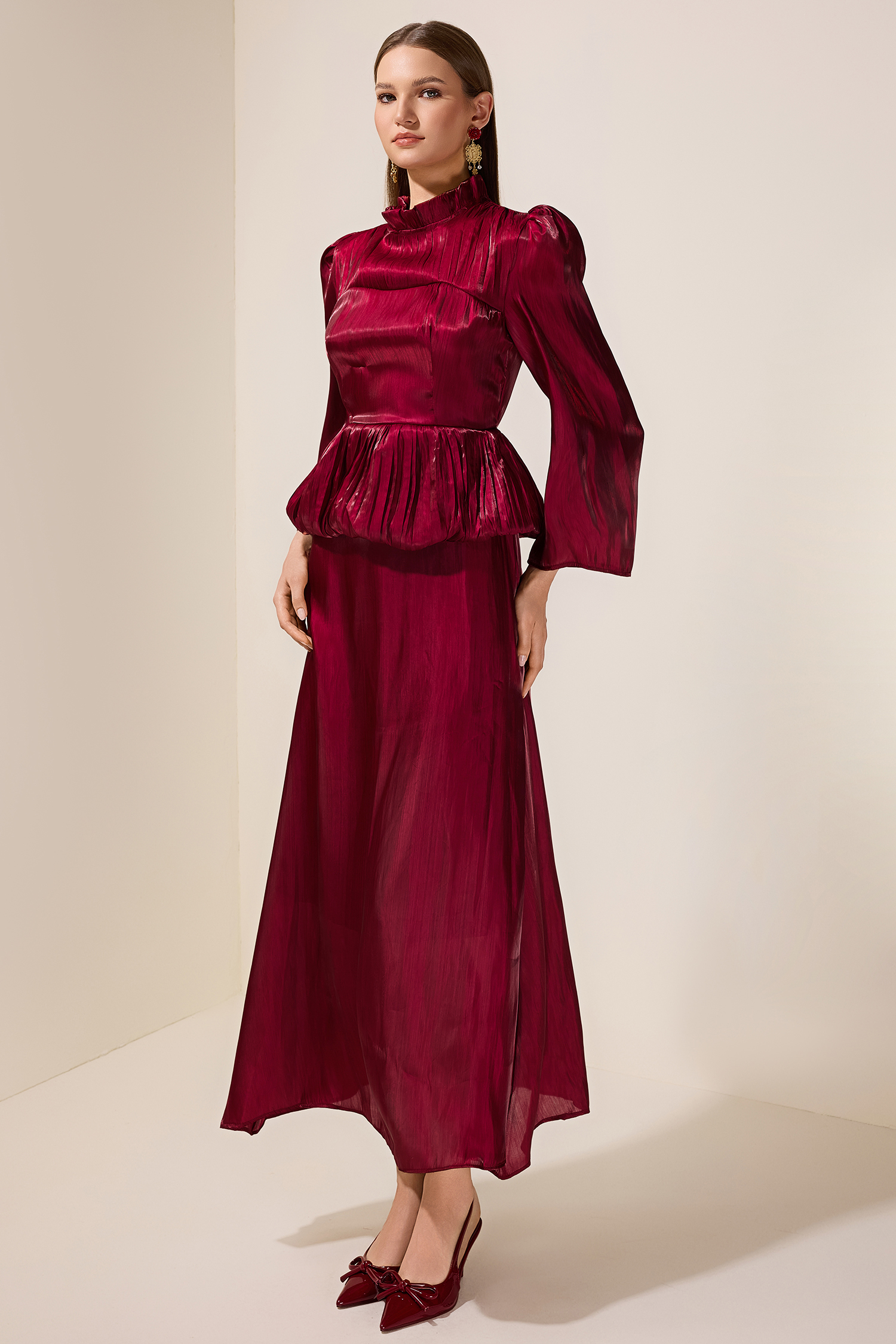 Satin Ruffle Long Sleeve Maxi Dress