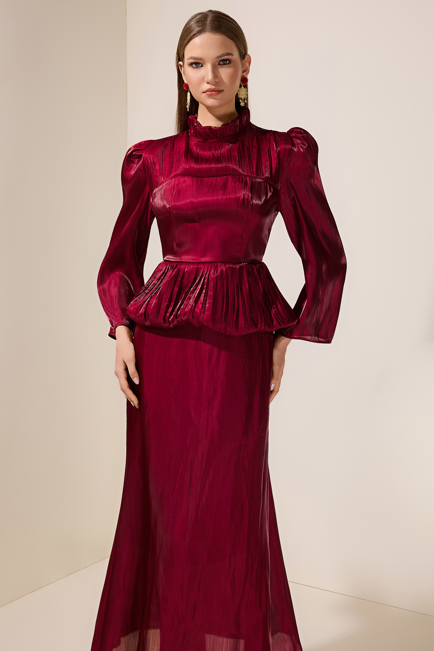 Satin Ruffle Long Sleeve Maxi Dress