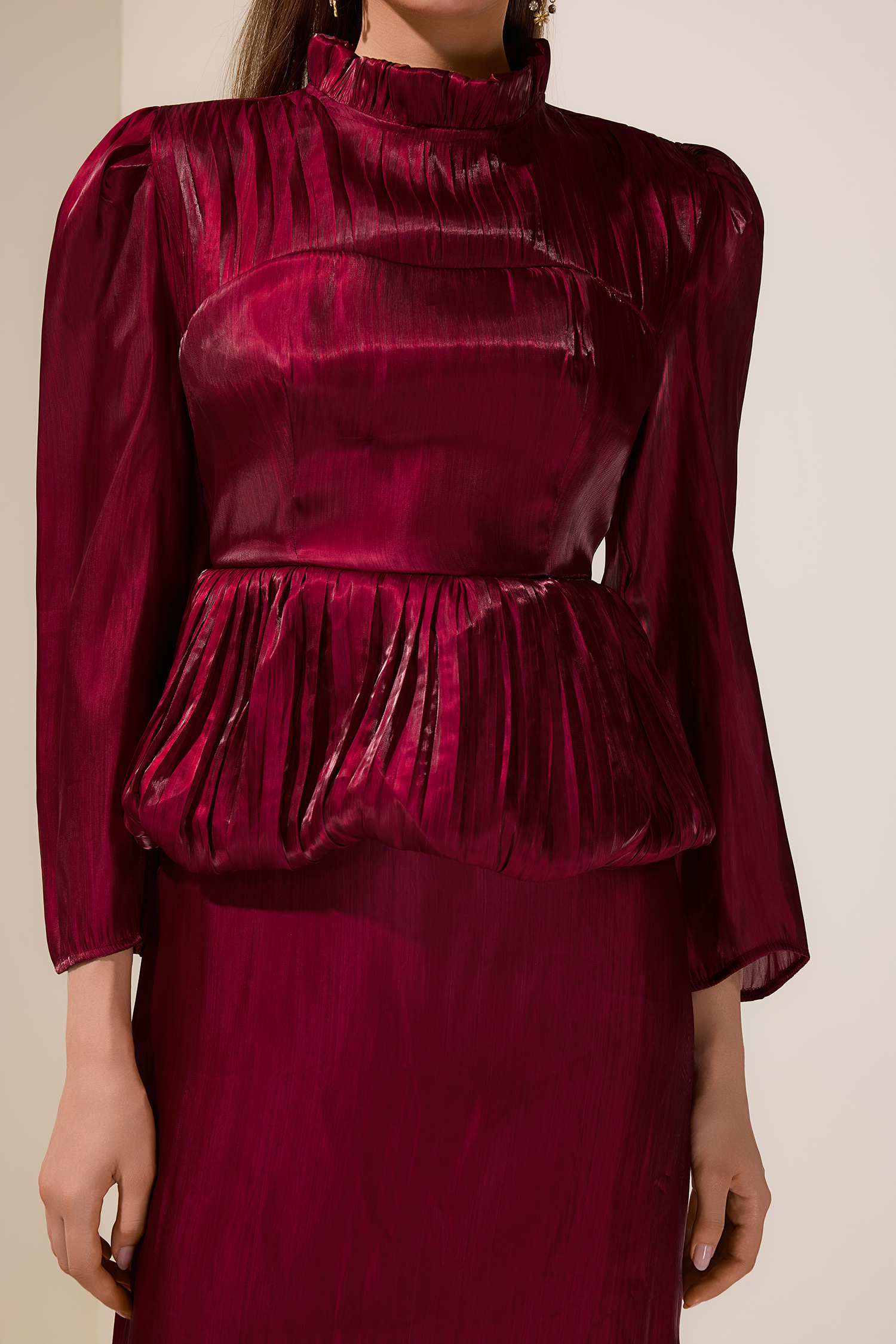 Satin Ruffle Long Sleeve Maxi Dress