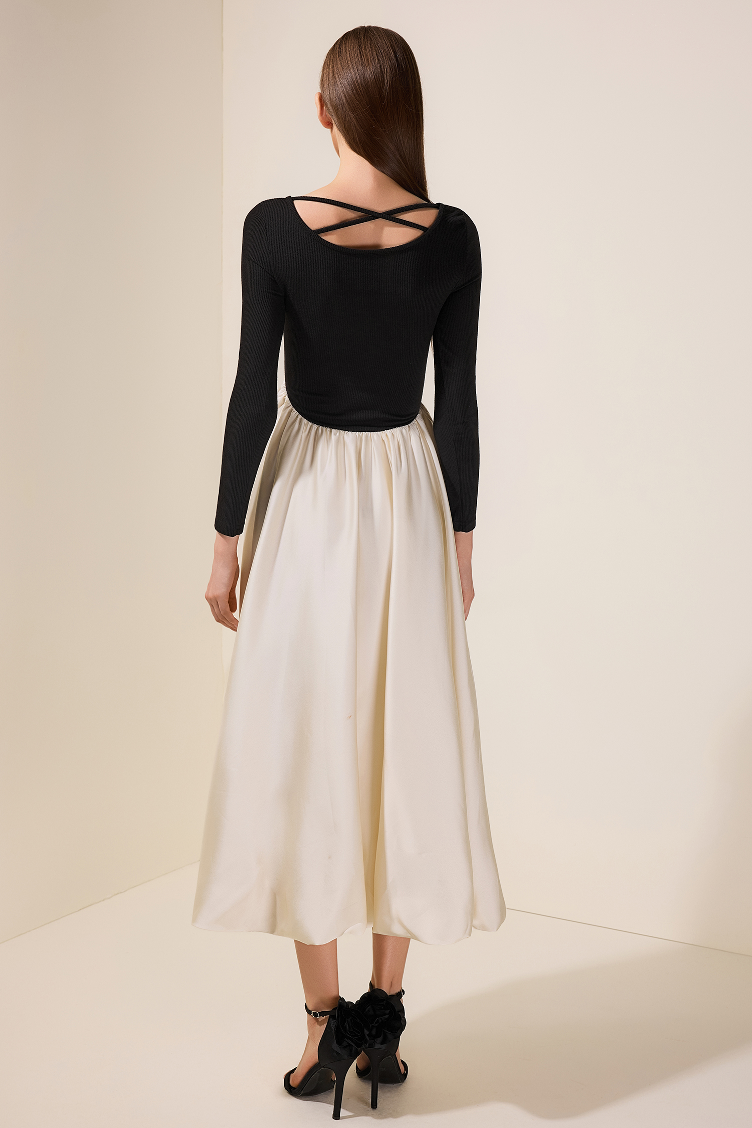 Jersey Splicing Satin Midi Dress