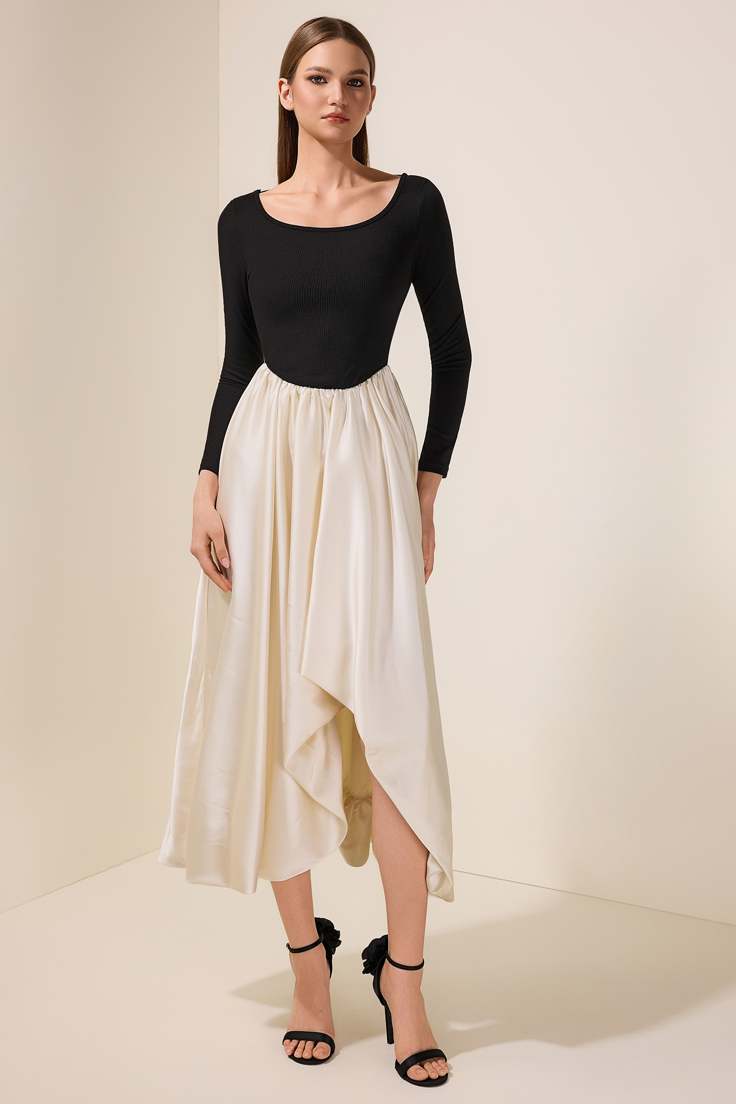 Jersey Splicing Satin Midi Dress