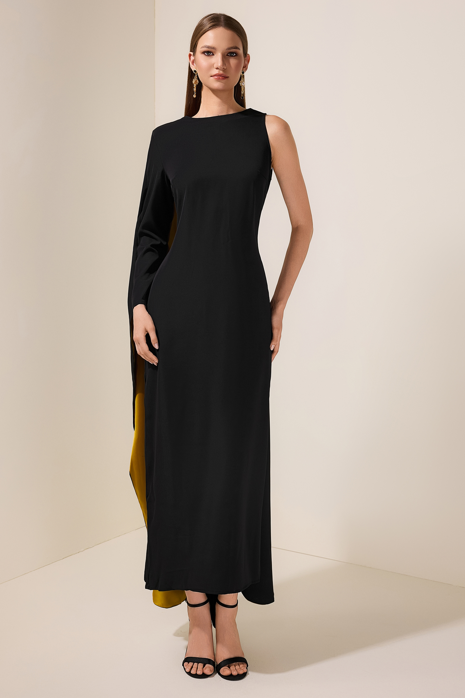 Contrast Color One Sleeve Maxi Dress