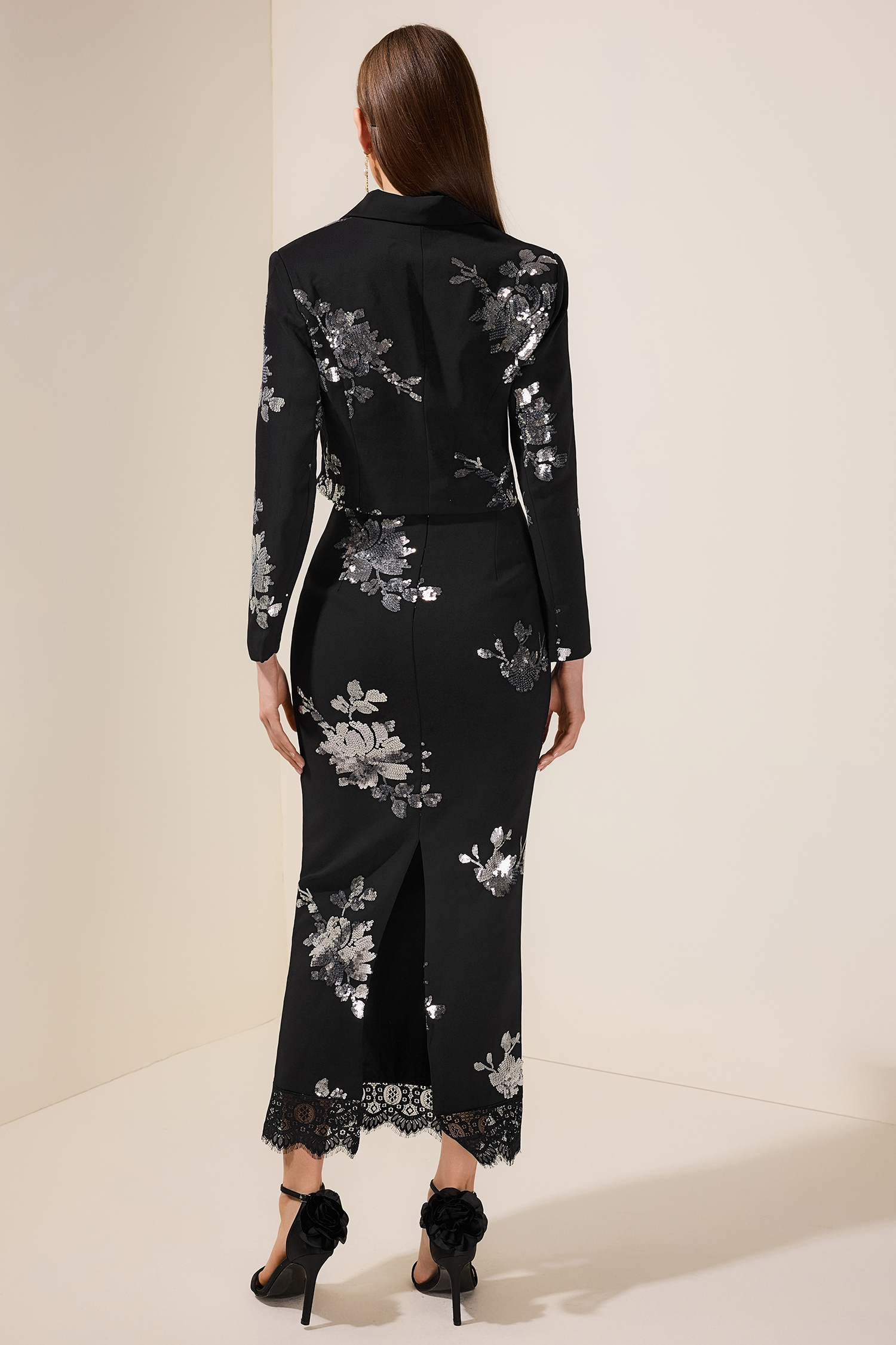 Sequin Floral Tailored Collar Blazer & High Waist Lace Midi Skirt Set