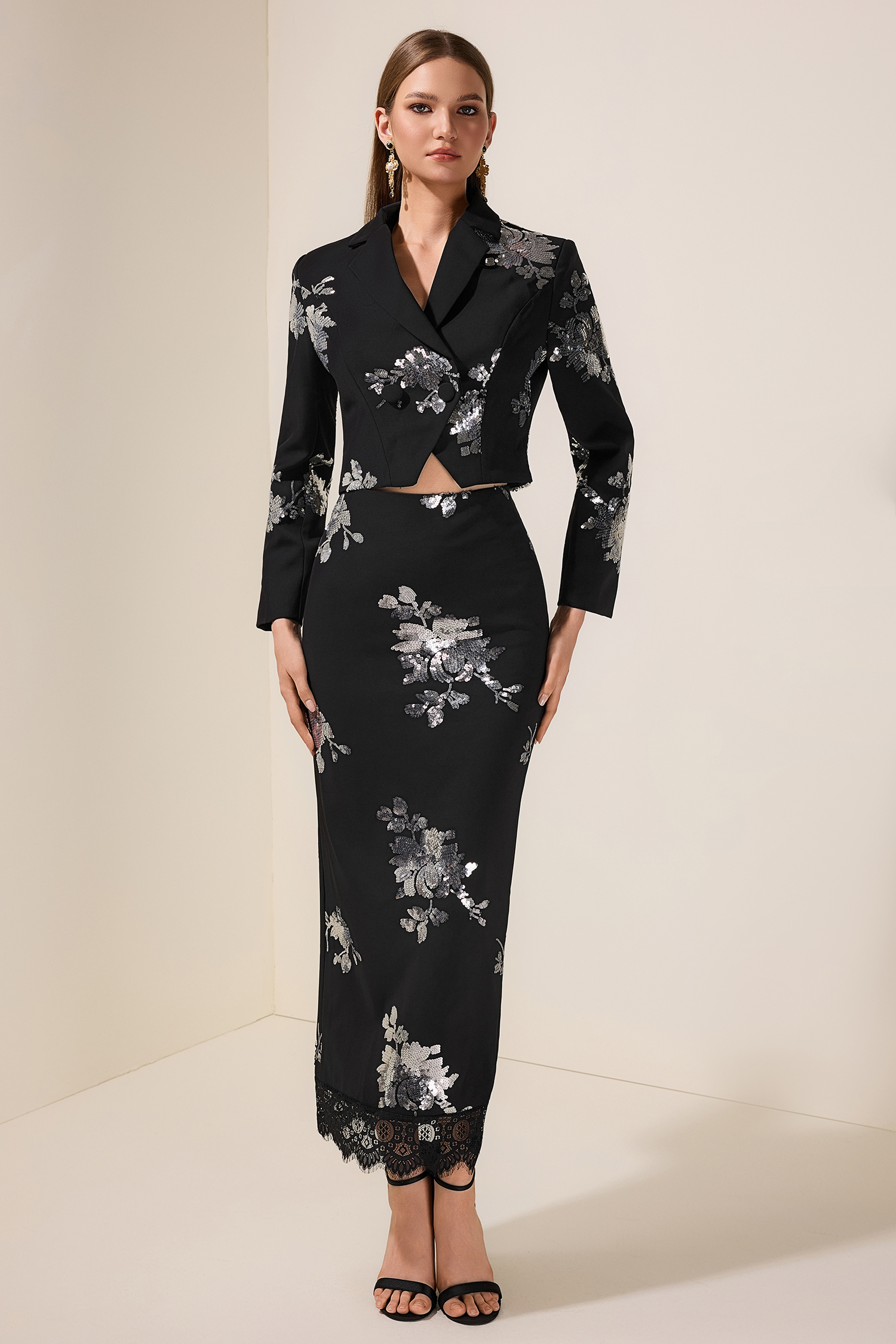 Sequin Floral Tailored Collar Blazer & High Waist Lace Midi Skirt Set