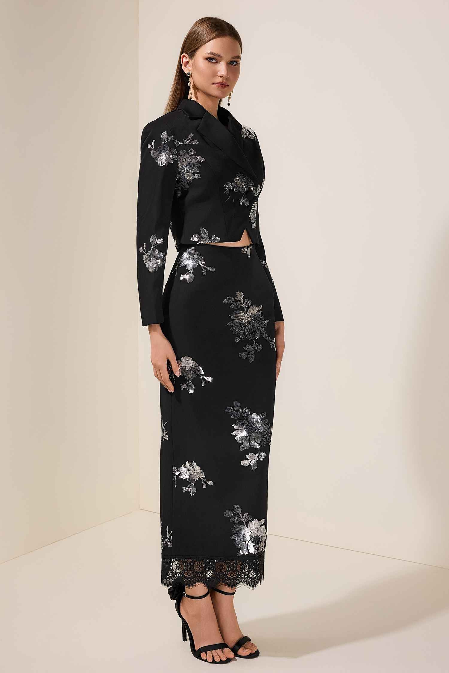 Sequin Floral Tailored Collar Blazer & High Waist Lace Midi Skirt Set