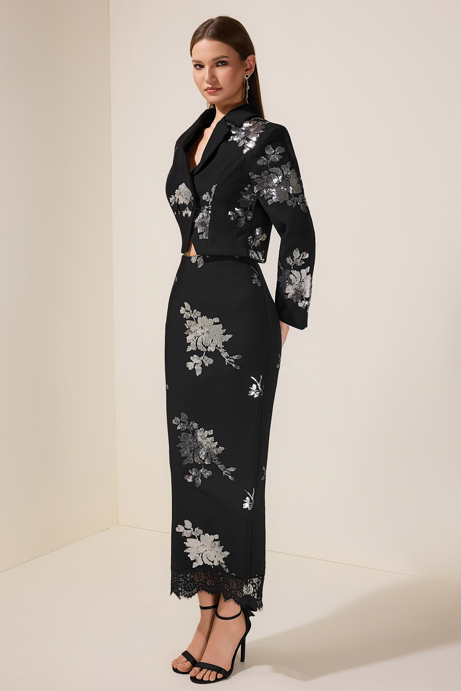 Sequin Floral Tailored Collar Blazer & High Waist Lace Midi Skirt Set