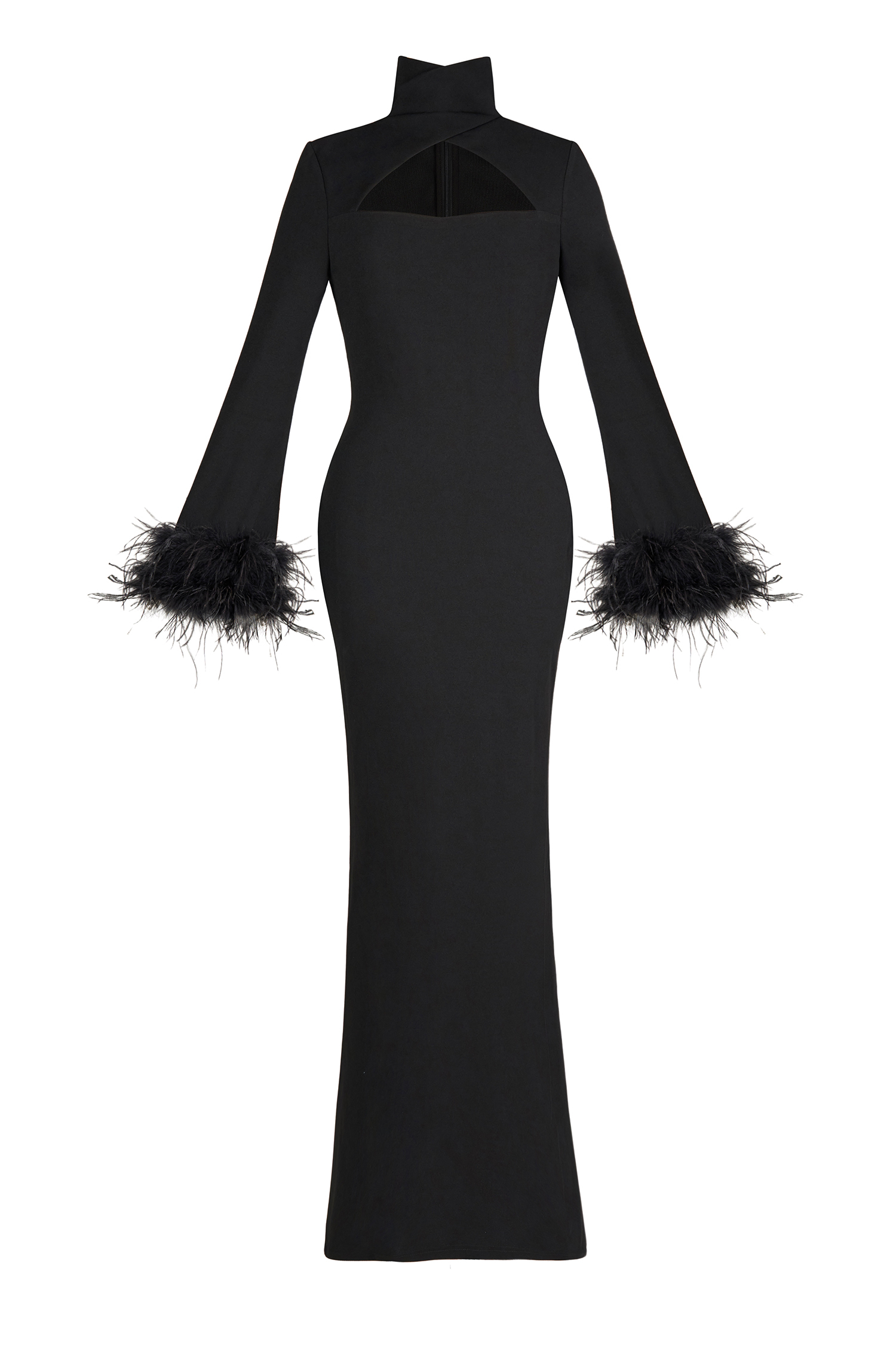 Feather Solid High Neck Midi Dress Black