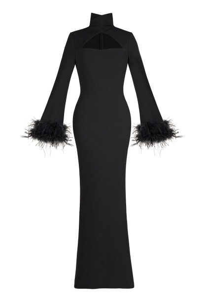 Feather Solid High Neck Midi Dress Black