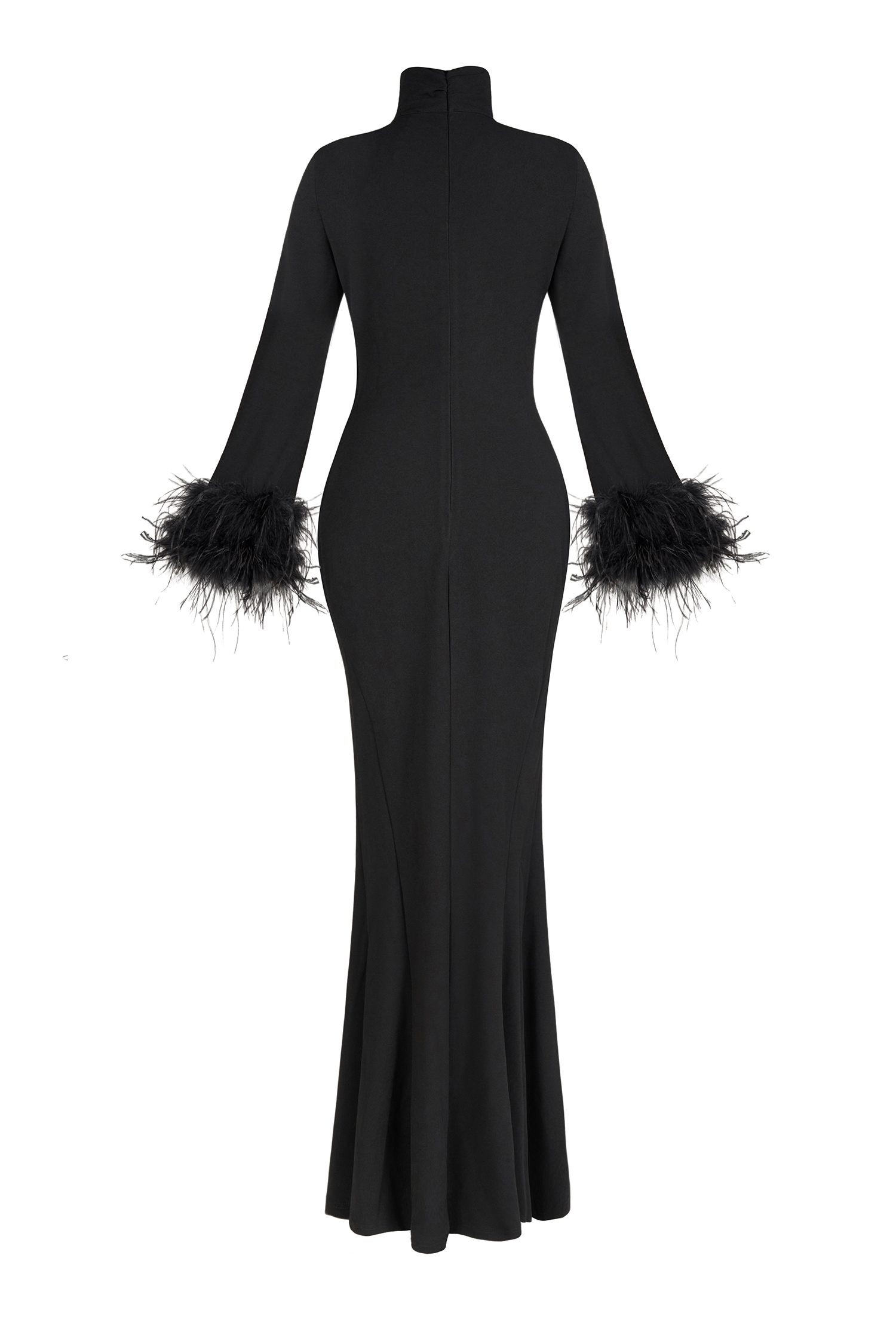 Feather Solid High Neck Midi Dress Black
