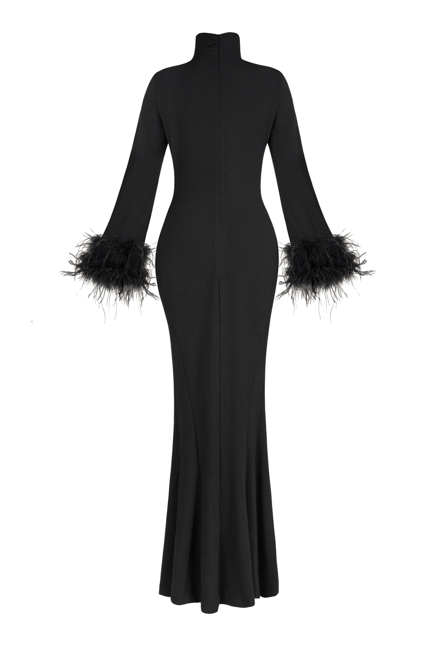 Feather Solid High Neck Midi Dress Black