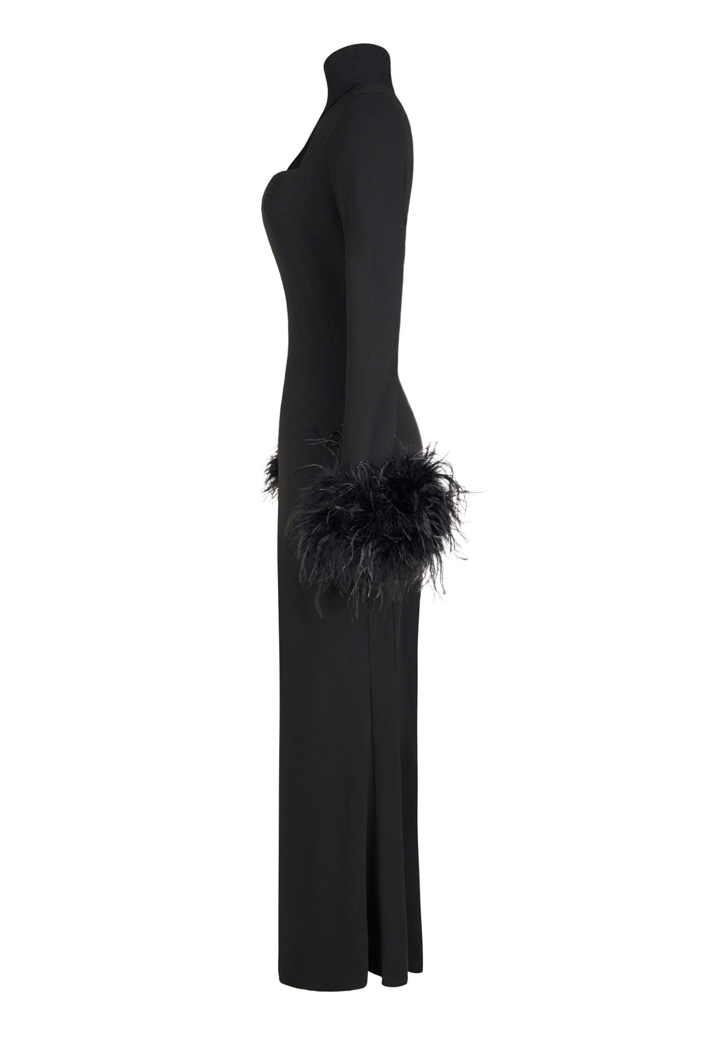 Feather Solid High Neck Midi Dress Black