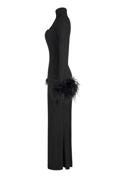 Feather Solid High Neck Midi Dress Black