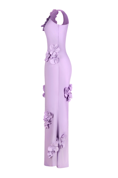 Solid 3D Flower Skew Collar Maxi Dress