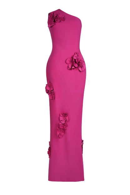 Solid 3D Flower Skew Collar Maxi Dress