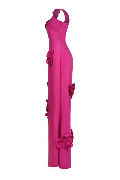 Solid 3D Flower Skew Collar Maxi Dress