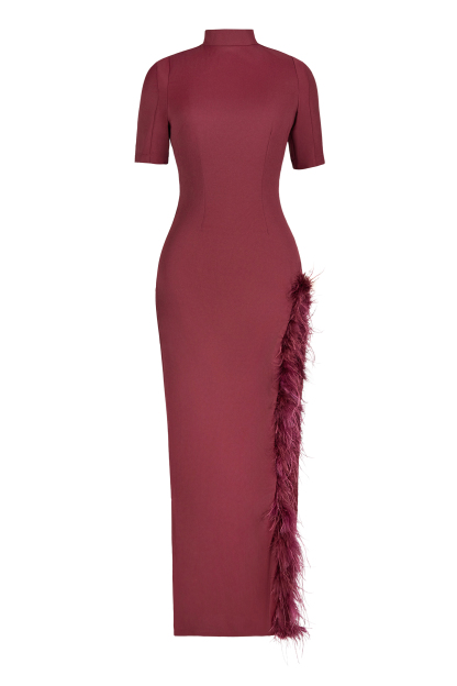 Feather Stand Collar Slit Midi Dress
