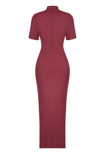 Feather Stand Collar Slit Midi Dress