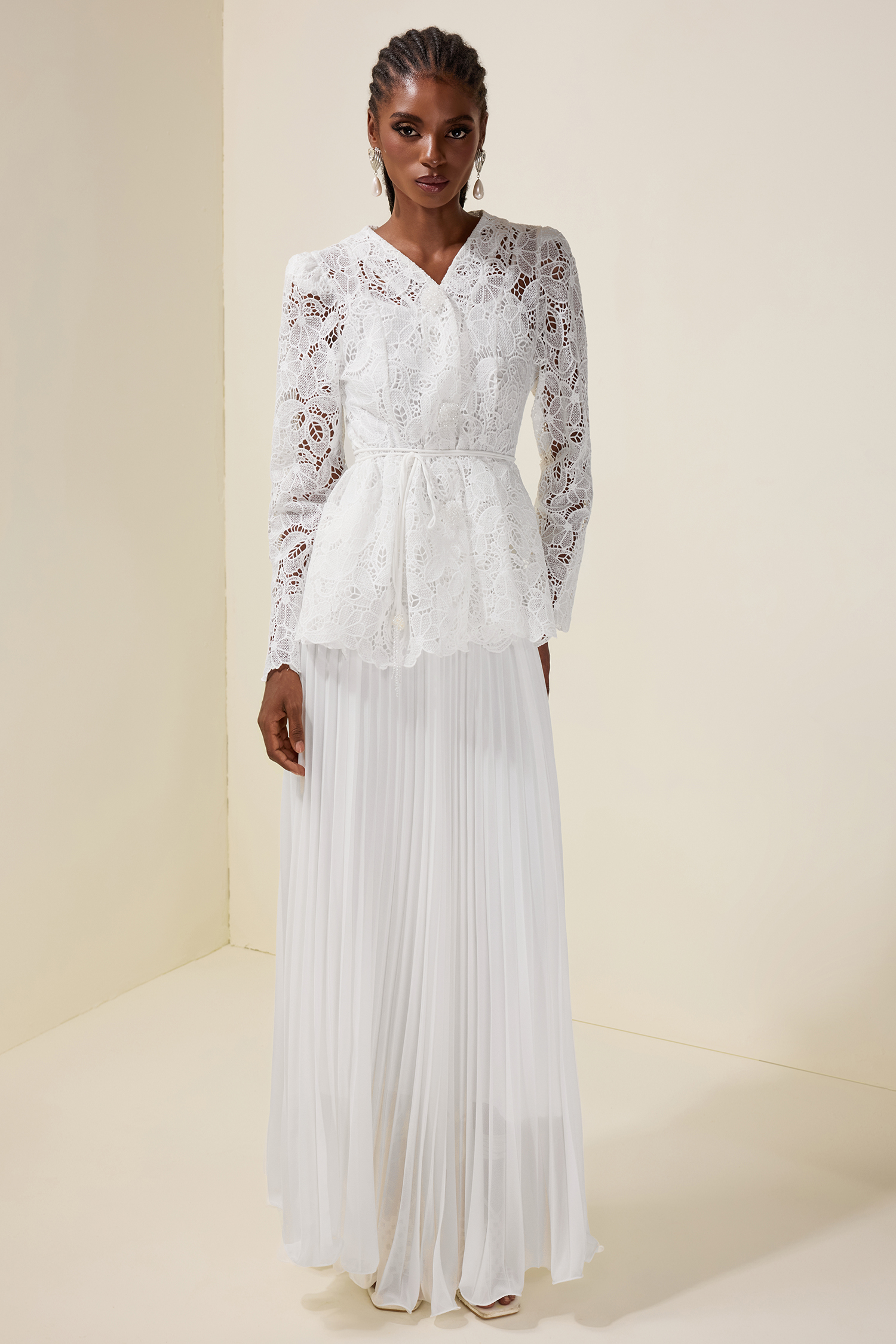 Lace Rhinestone Top With Belt & High Waist Pleated Maxi Skirt Set