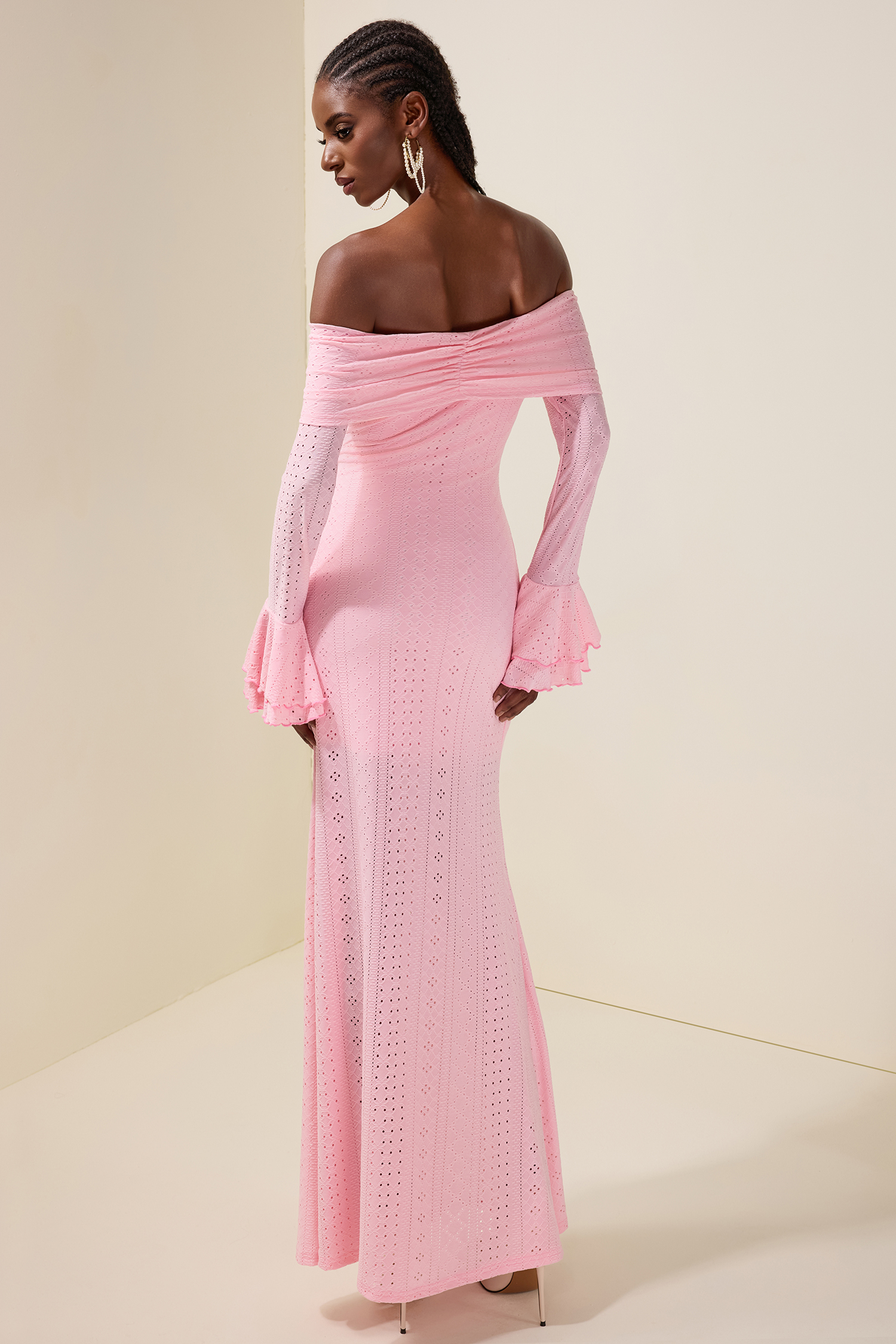 Off-Shoulder Lace Up Bell Sleeve Midi Dress