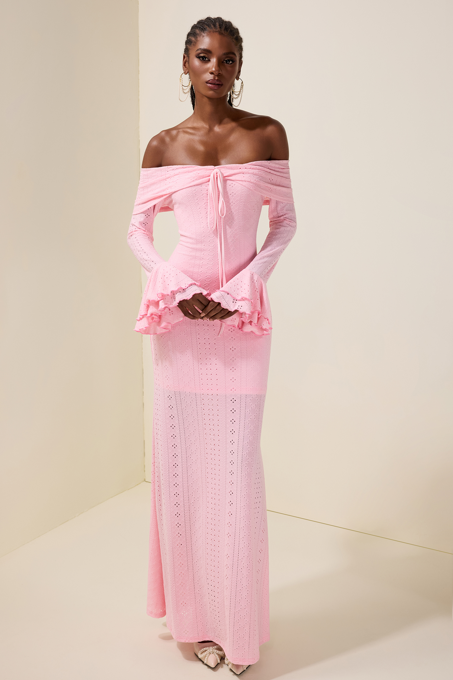 Off-Shoulder Lace Up Bell Sleeve Midi Dress