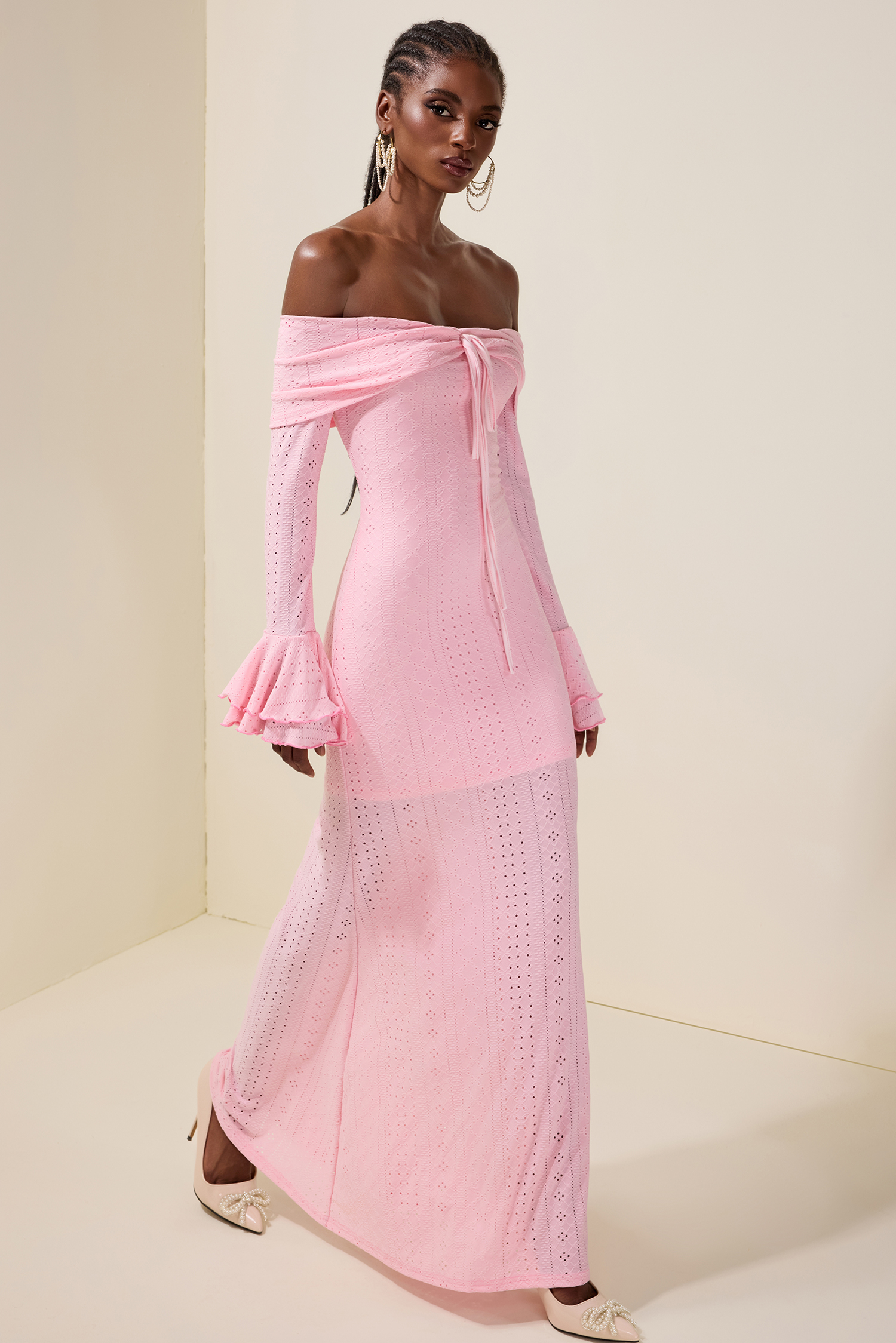 Off-Shoulder Lace Up Bell Sleeve Midi Dress