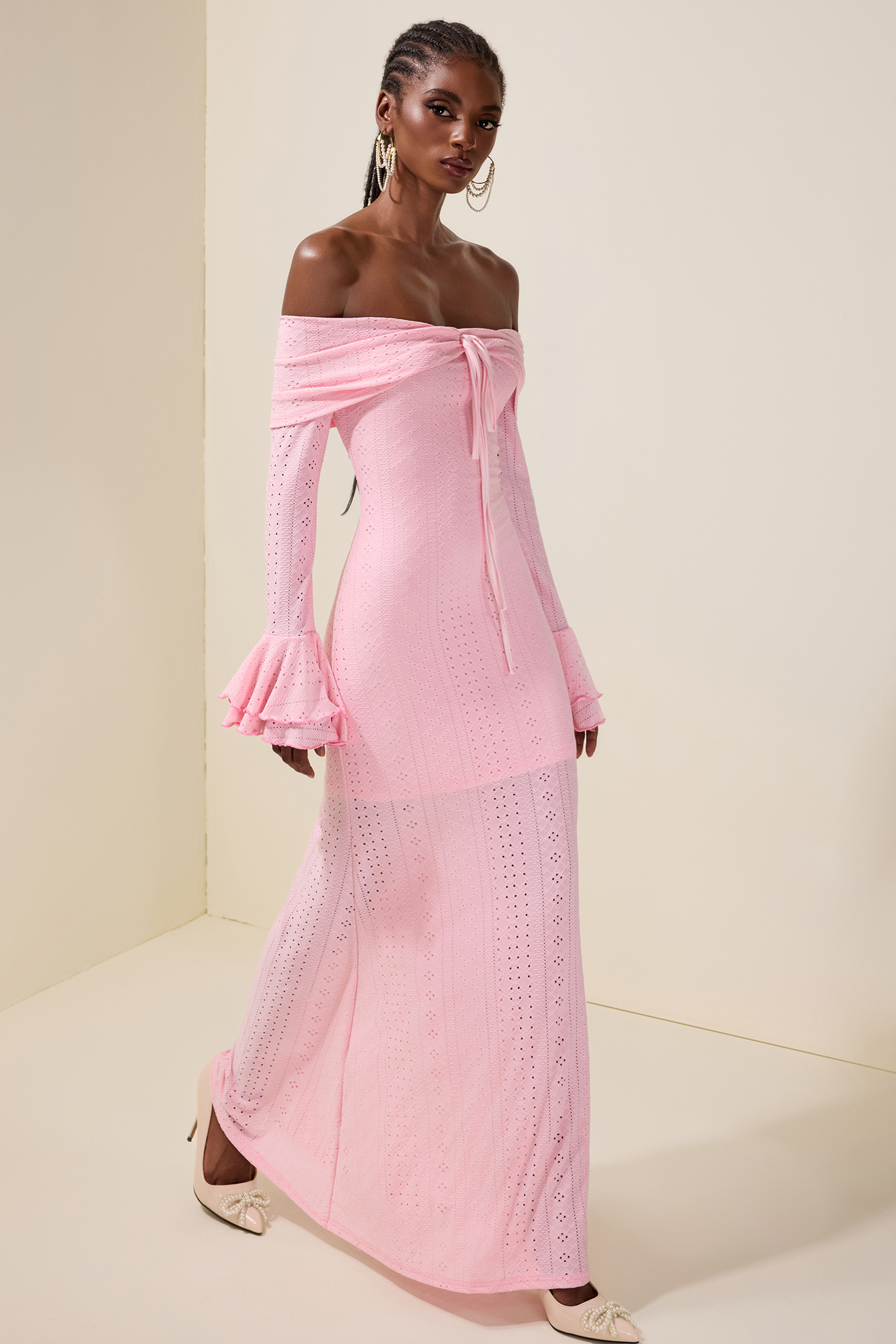 Off-Shoulder Lace Up Bell Sleeve Midi Dress